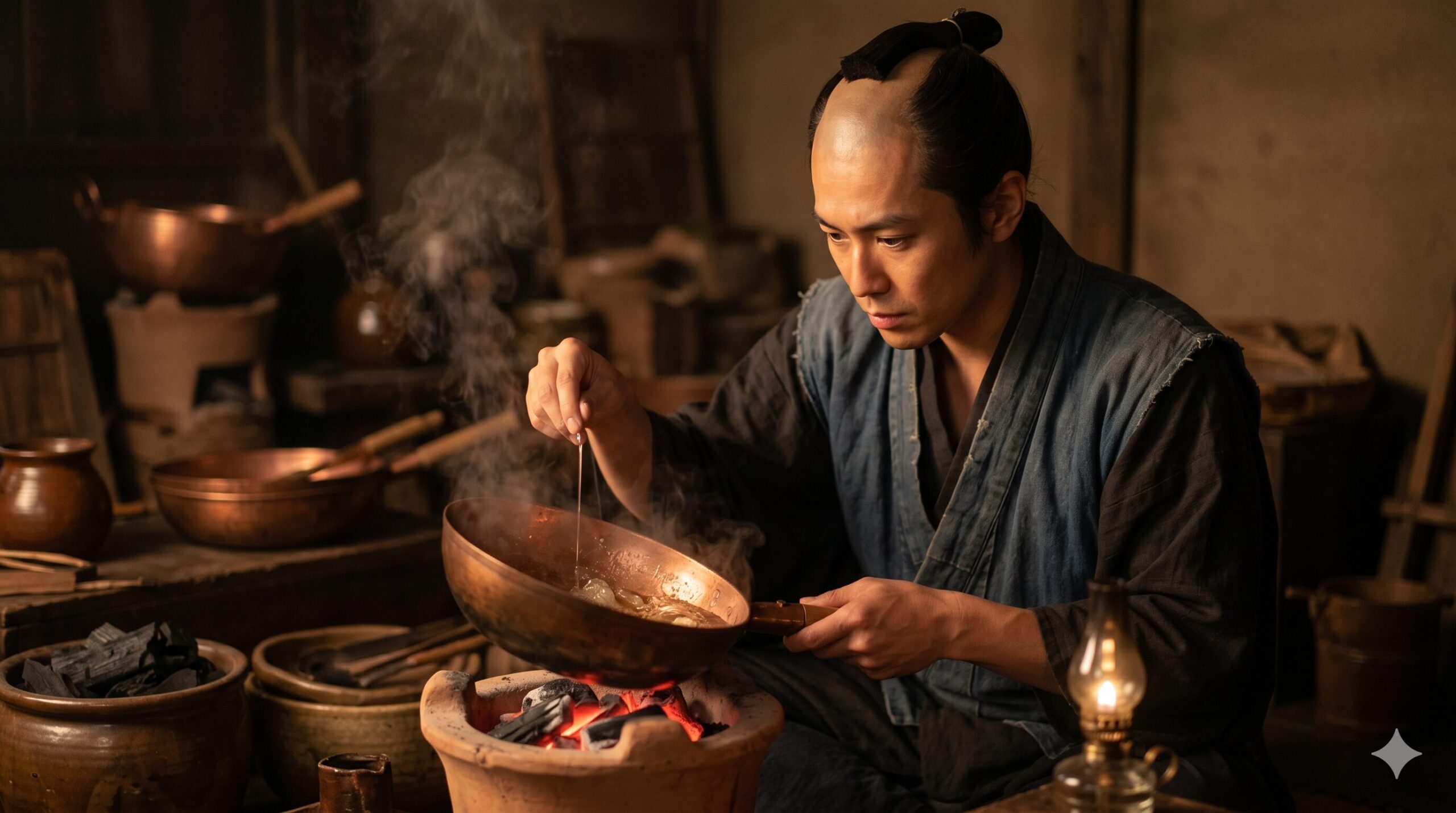 江戸時代末期、炭火と小さな傾斜釜で金平糖の独自製法に挑む初代職人の姿