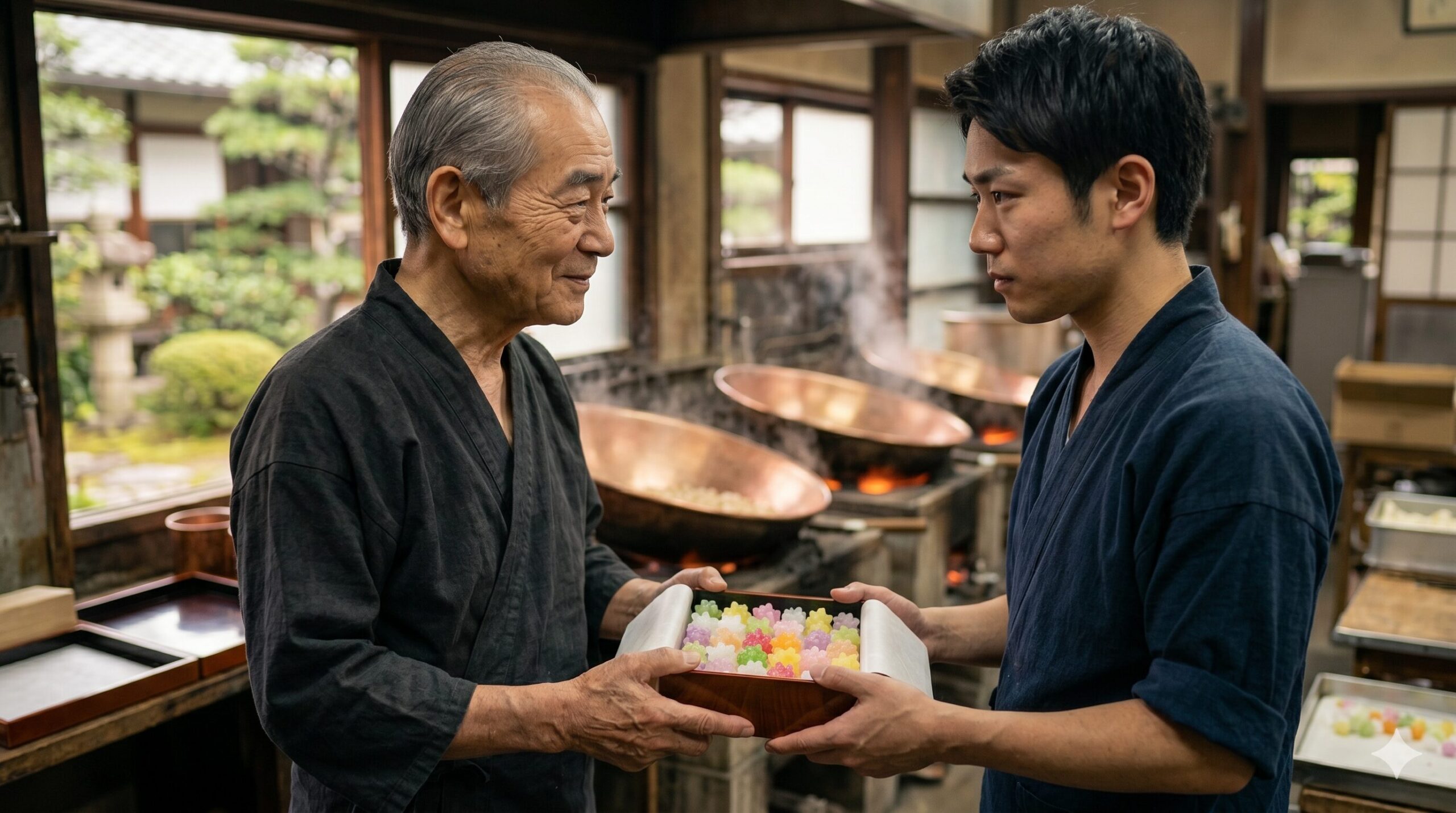 伝統的な京都の和菓子工房で、金平糖を作る回転する傾斜釜(kama)を前に、老熟した五代目当主が、完璧なイガを持つ究極の金平糖の箱を、誇らしげな笑顔で、決意に満ちた若い後継者に手渡している。世代を超えて技と暖簾が継承されるシーン。シネマティックでリアルな写真。