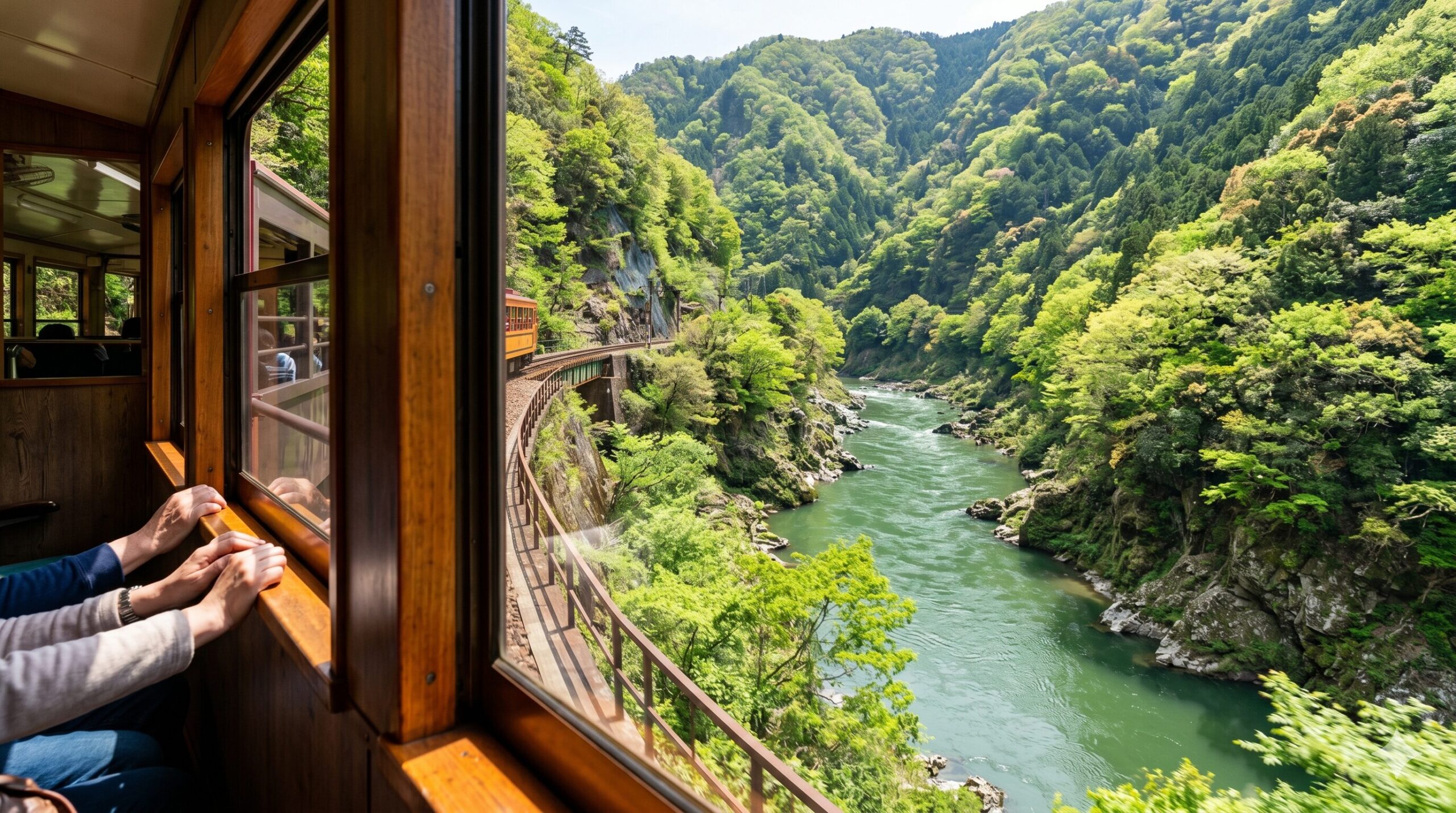 京都・嵯峨野トロッコ列車の車窓から望む、新緑に包まれた保津川渓谷と蛇行する線路の絶景パンラマ写真。