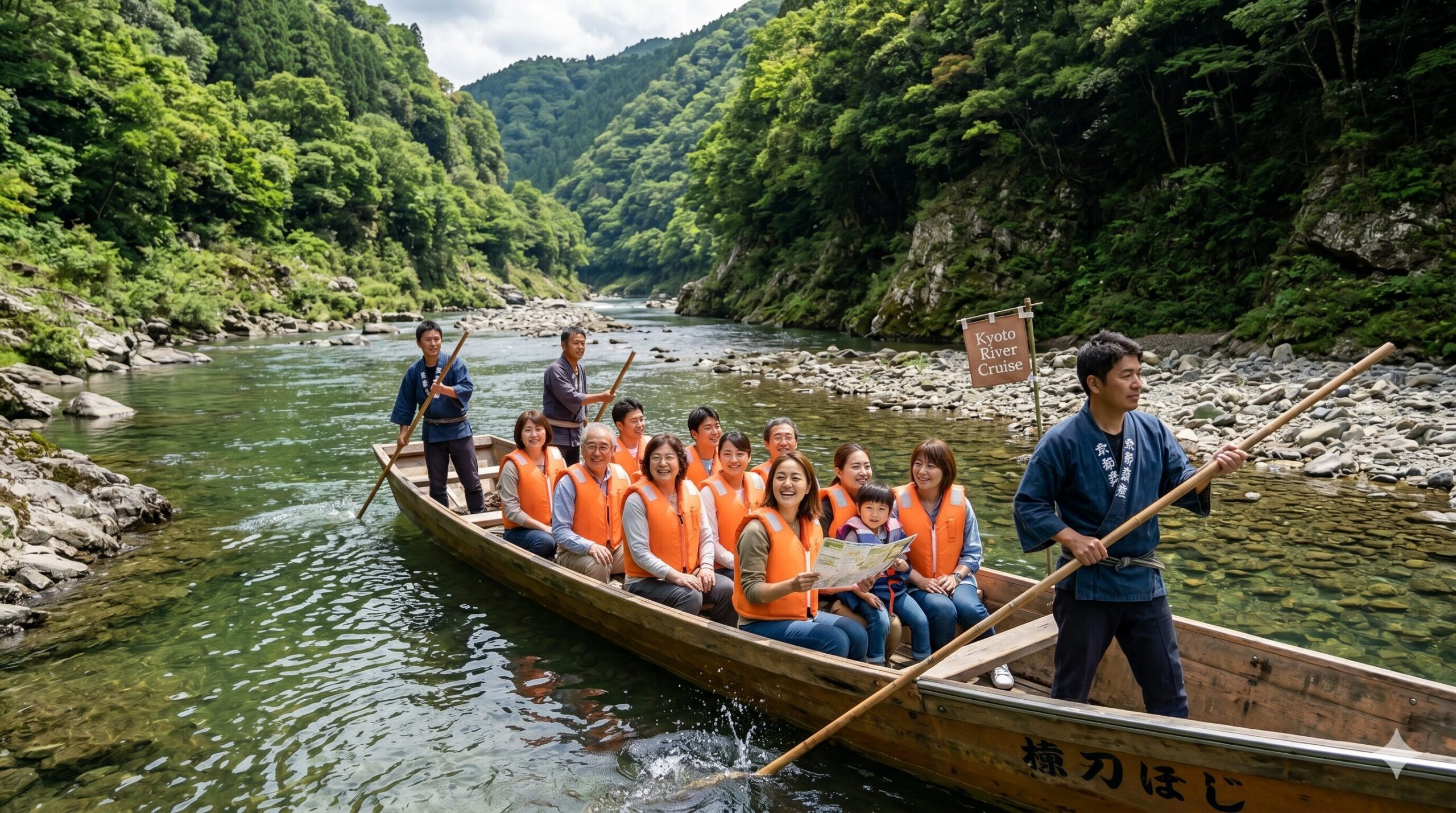 都・保津川下りの木造船にオレンジ色の救命胴衣を着用して乗船し、船頭の手さばきと渓谷の景色を楽しむ日本人観光客グループ。