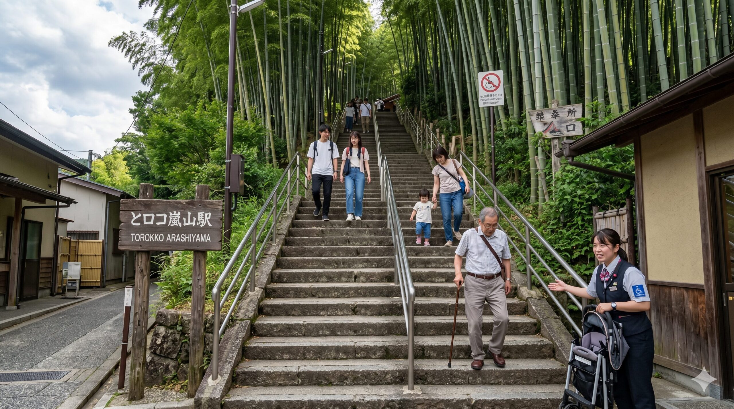 トロッコ嵐山駅から竹林の小径へと続く、 dense な竹林に囲まれた約60段の急な階段と、階段を登る観光客や駅員の様子。