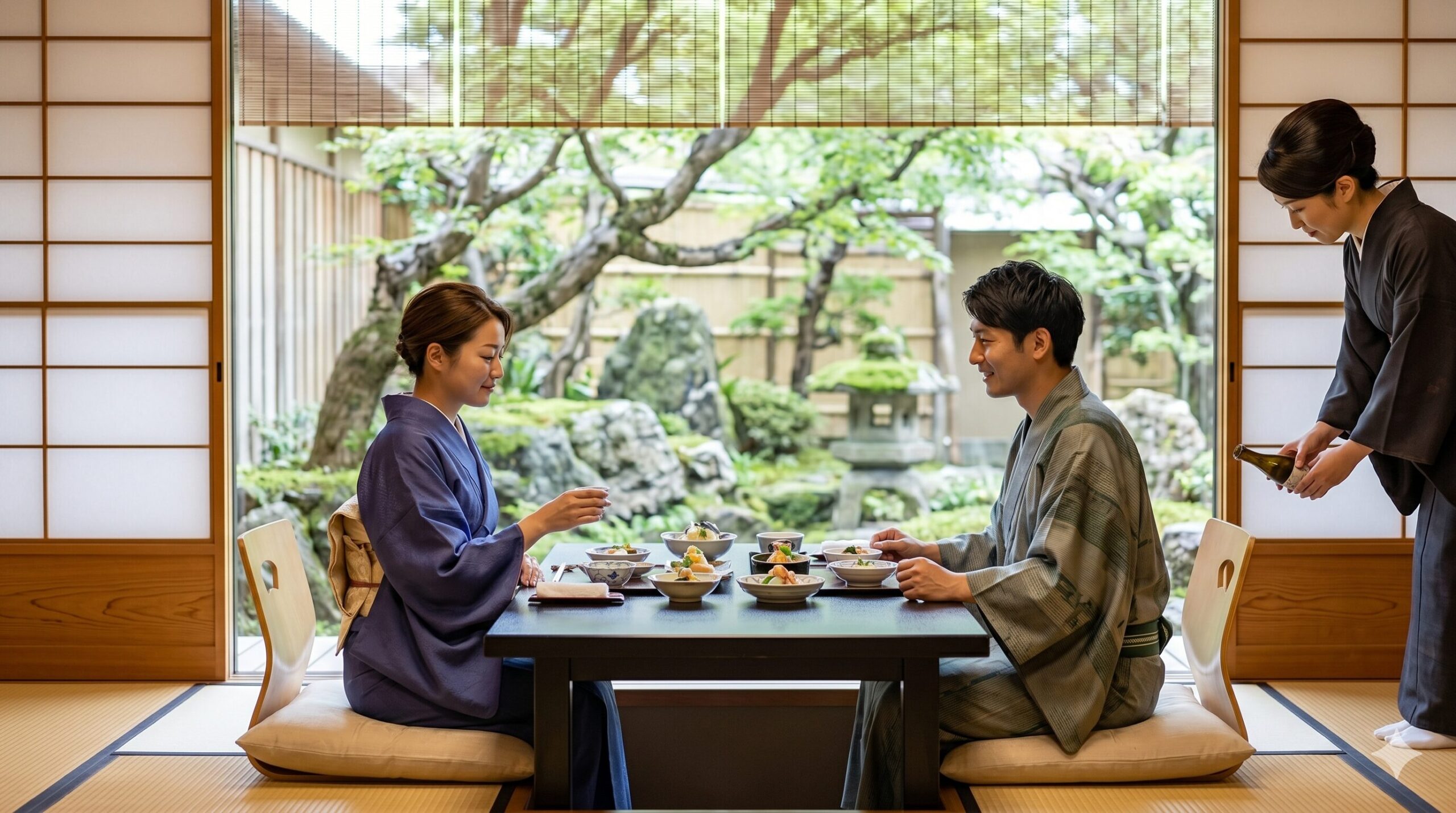 京都・嵐山の伝統的な和食店で、美しい日本庭園を眺めながら着物姿で旬の料理と日本酒を楽しむ日本人カップルのランチ風景。
