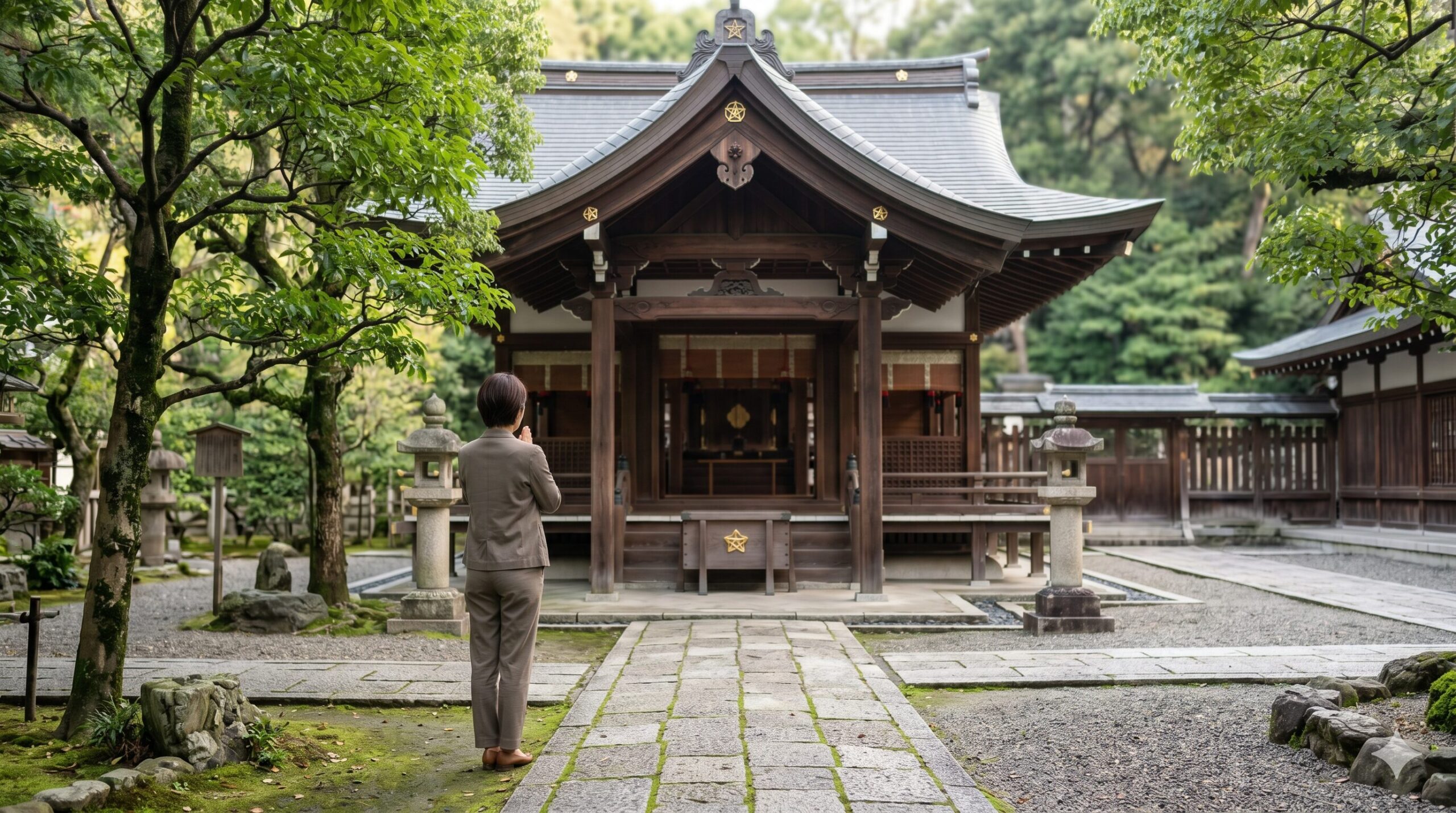 晴明神社の本殿前で、静かに参拝するアジア人女性。周囲は緑豊かで神聖な雰囲気が漂っている。