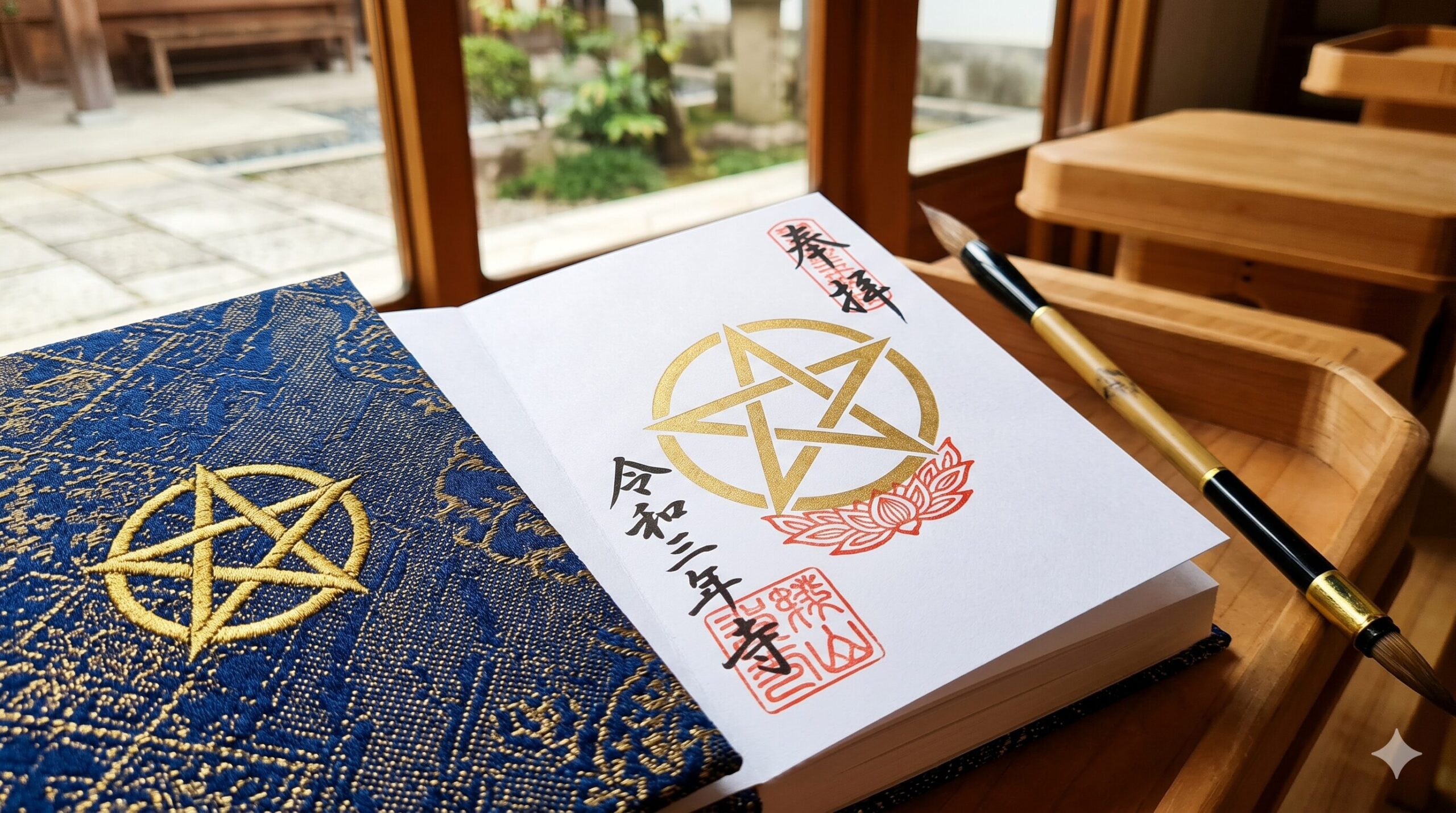 晴明神社の五芒星の御朱印と、その横に置かれた西陣織の御朱印帳。
