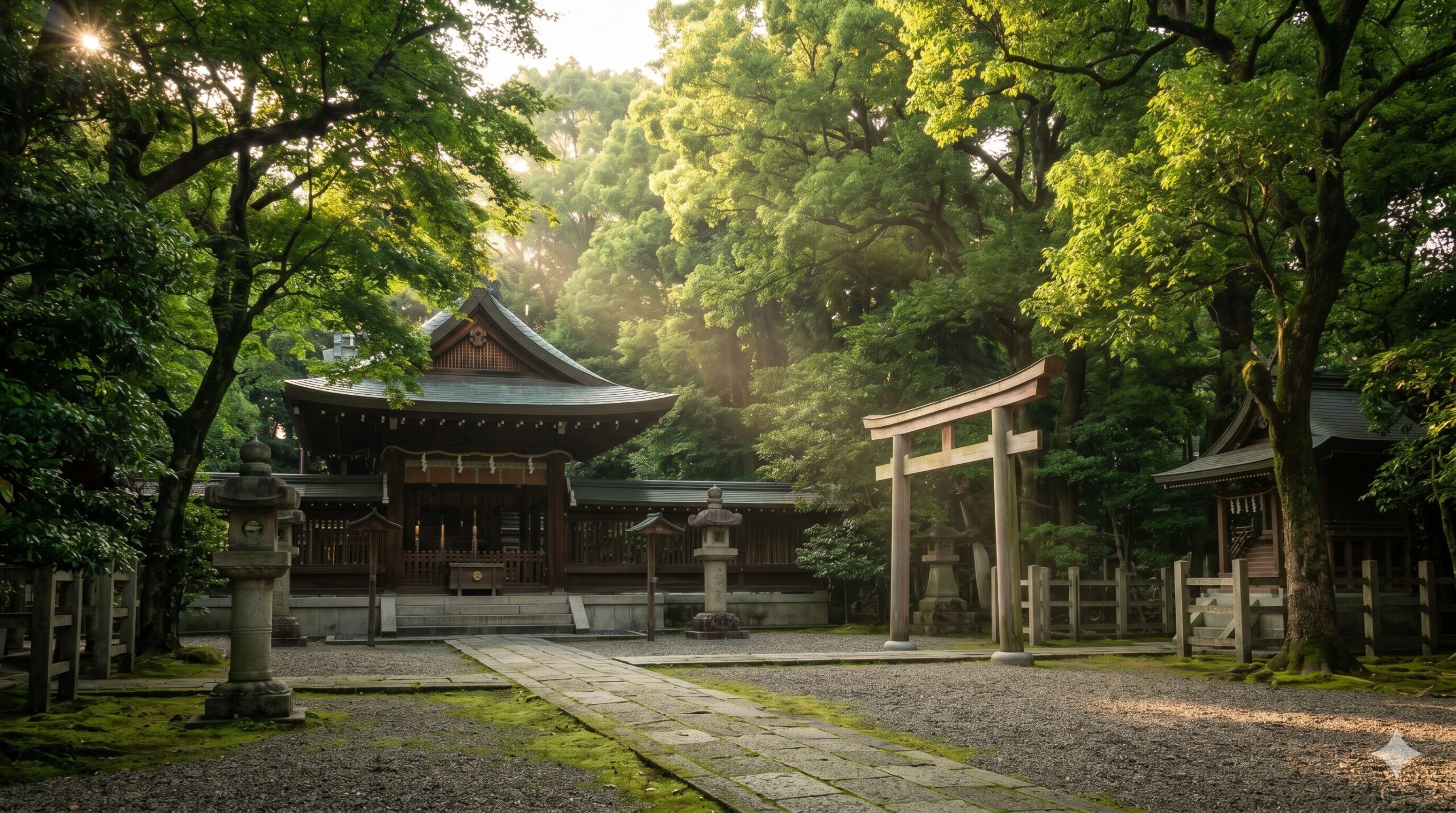 早朝の晴明神社境内。まだ参拝客が少なく、静寂と朝陽が差し込む神聖な空気感。