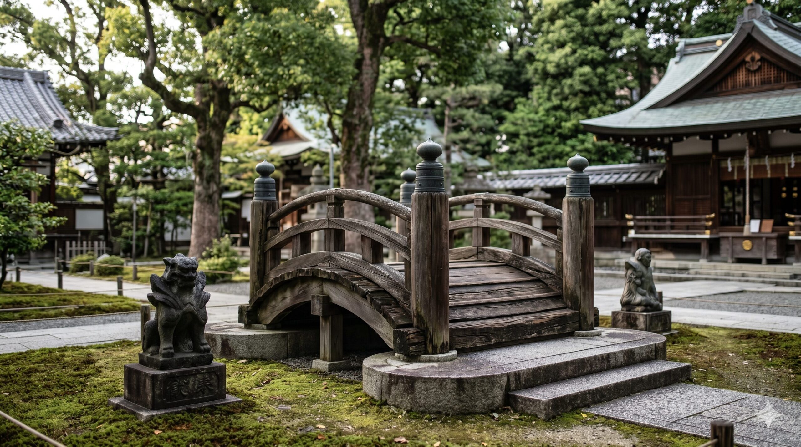 晴明神社の境内に設置された式神の石像と、その奥にある復元された一条戻橋の欄干。