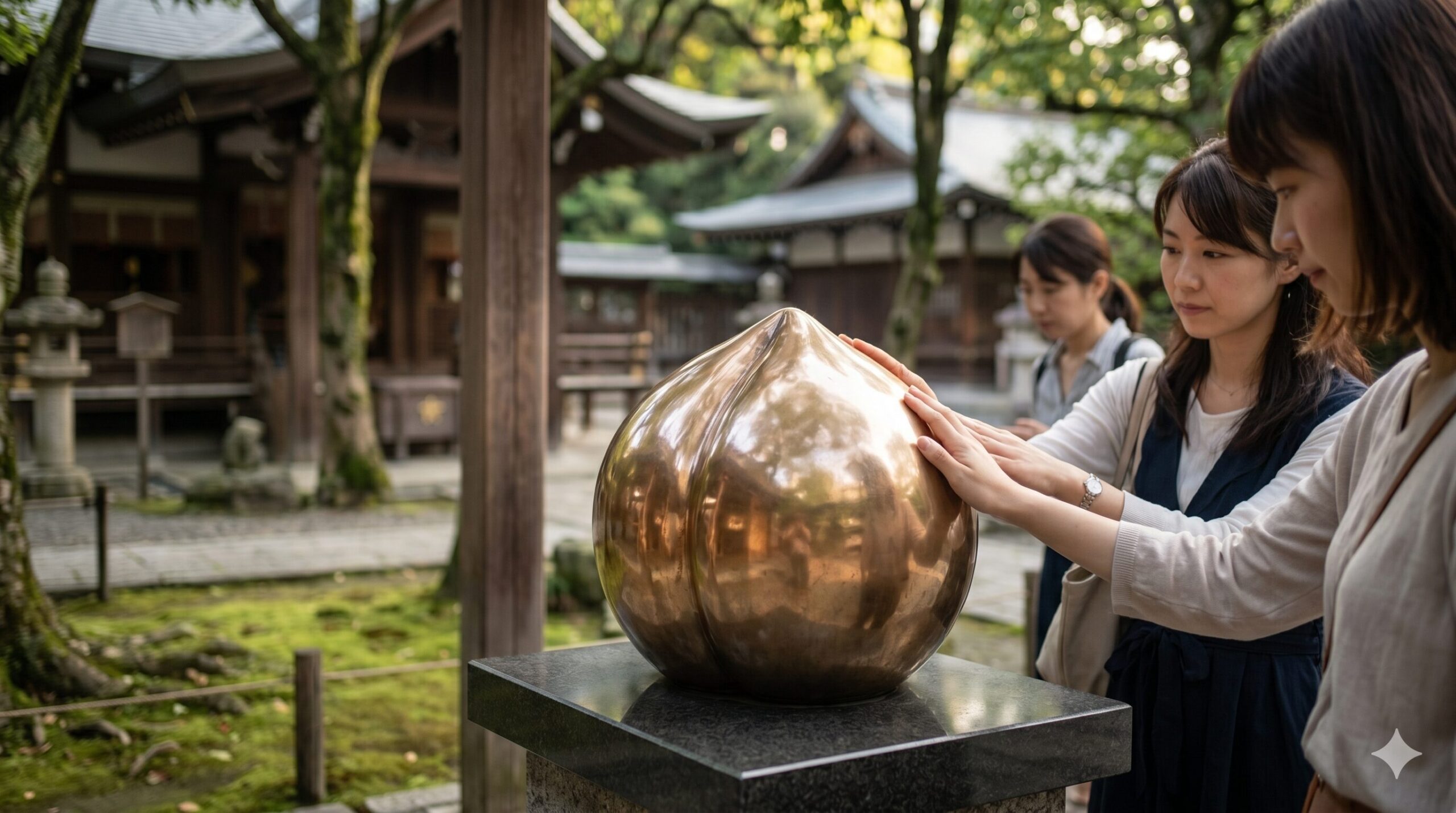 晴明神社の境内にある、多くの参拝客に撫でられて光沢が出た厄除桃の石像。