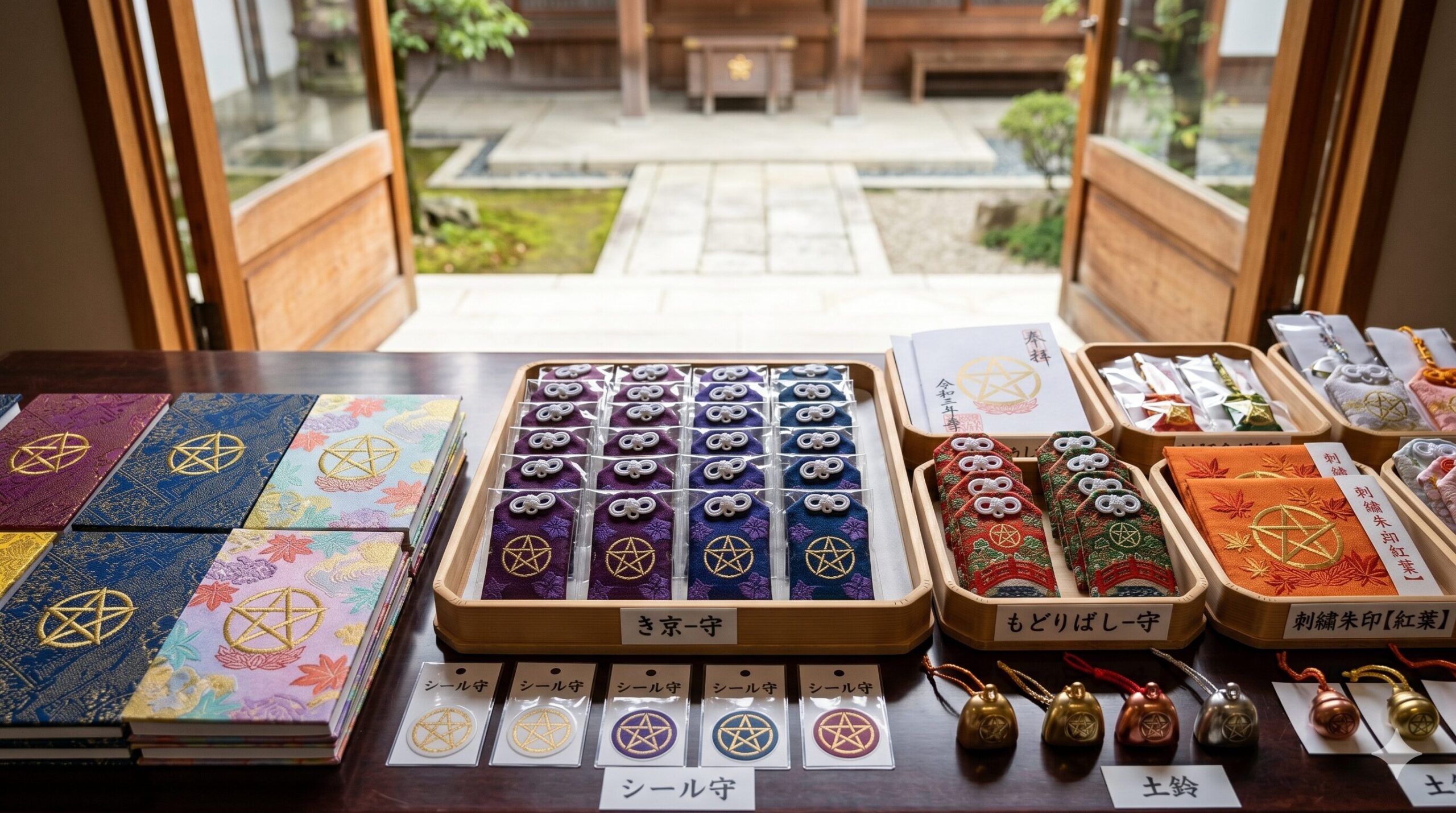 晴明神社の授与所に並ぶ、五芒星がデザインされた色鮮やかなお守りや授与品。