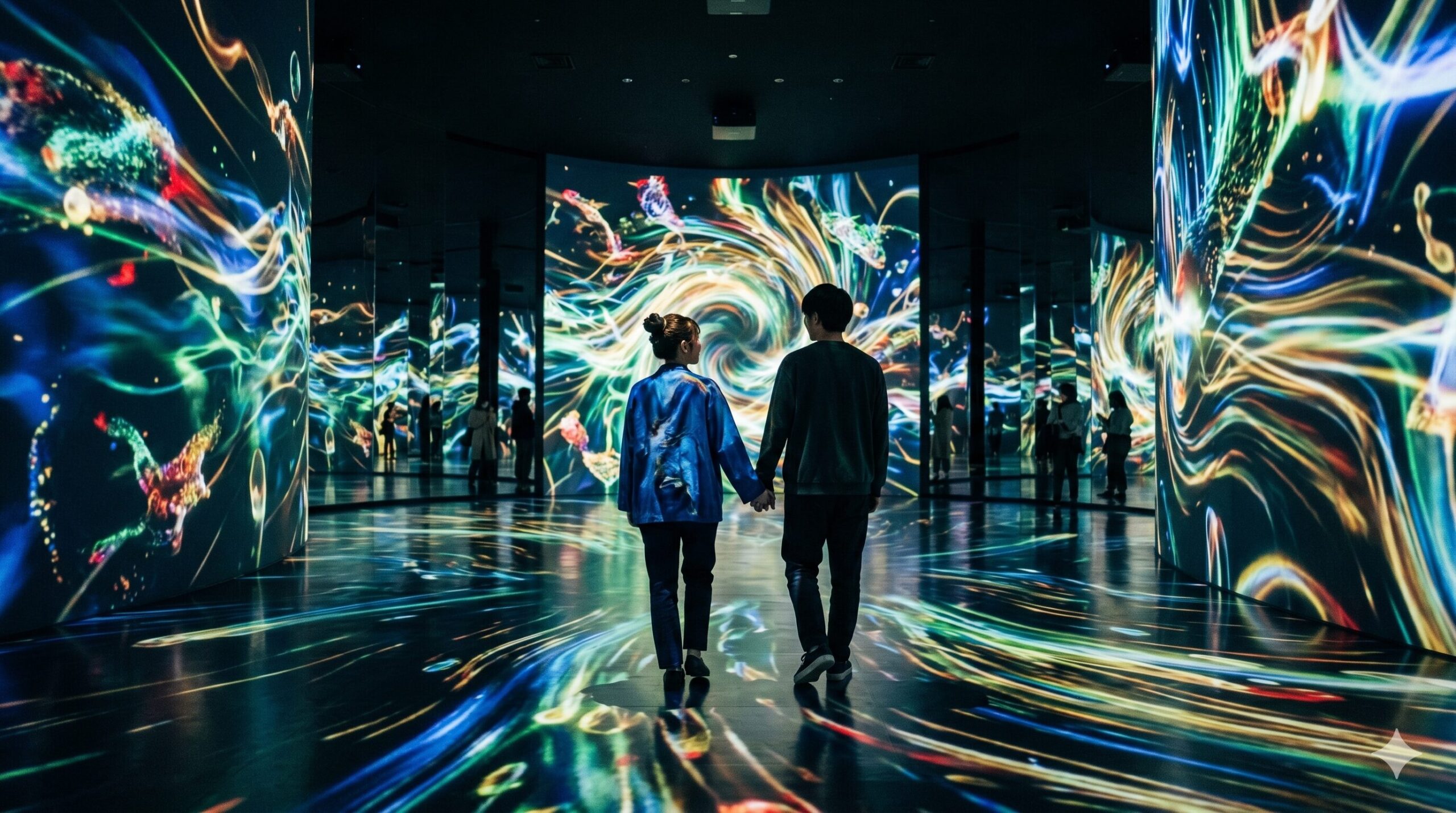 京都のチームラボ常設ミュージアムで、色鮮やかな光のアートに包まれ没入体験を楽しむ日本人の男女