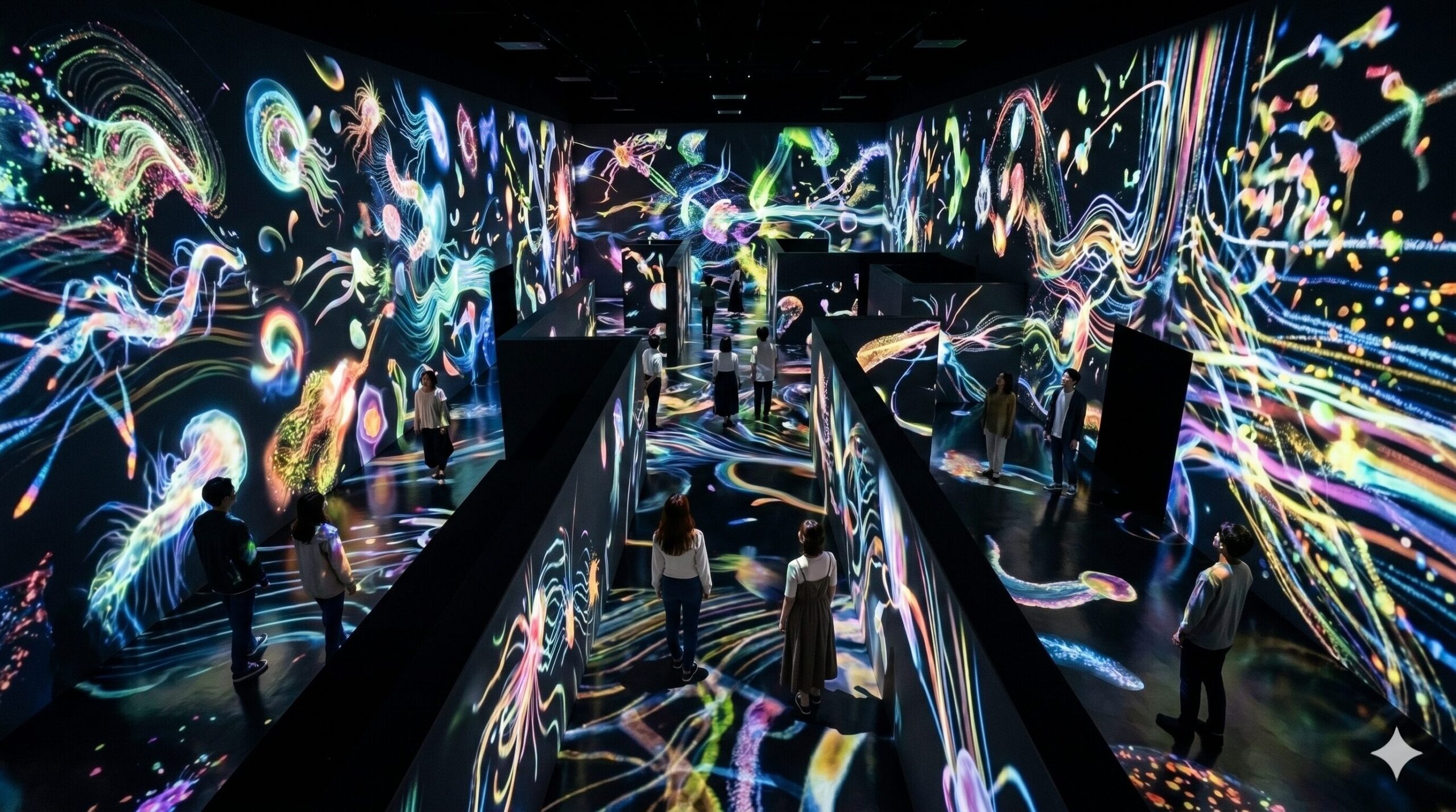 鏡張りの床と壁に広大なデジタルアートが映し出された、チームラボ京都の広々とした展示空間。