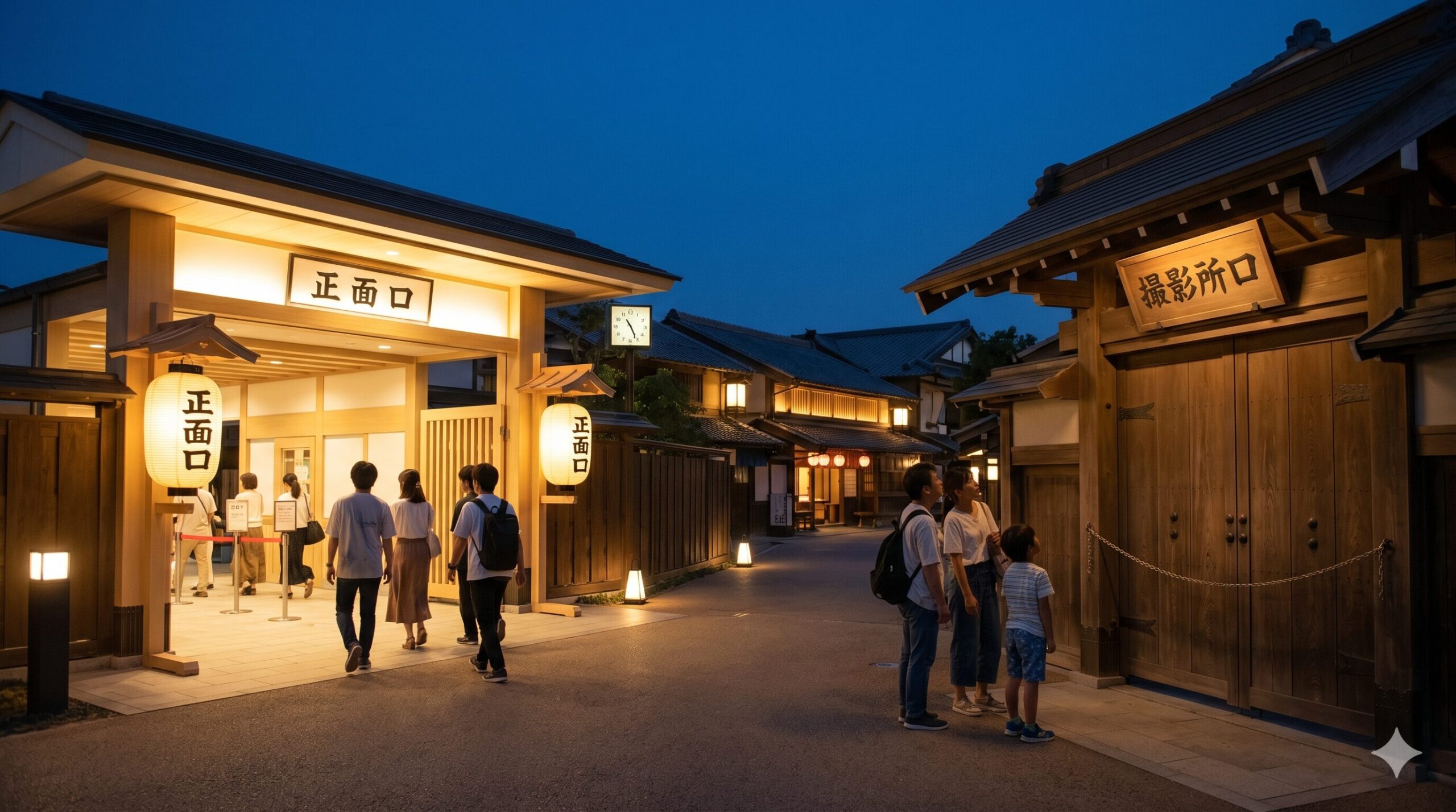 夕景の東映太秦映画村。正面口（左）は明るく開いているが、撮影所口（右）は17時で閉鎖されている。