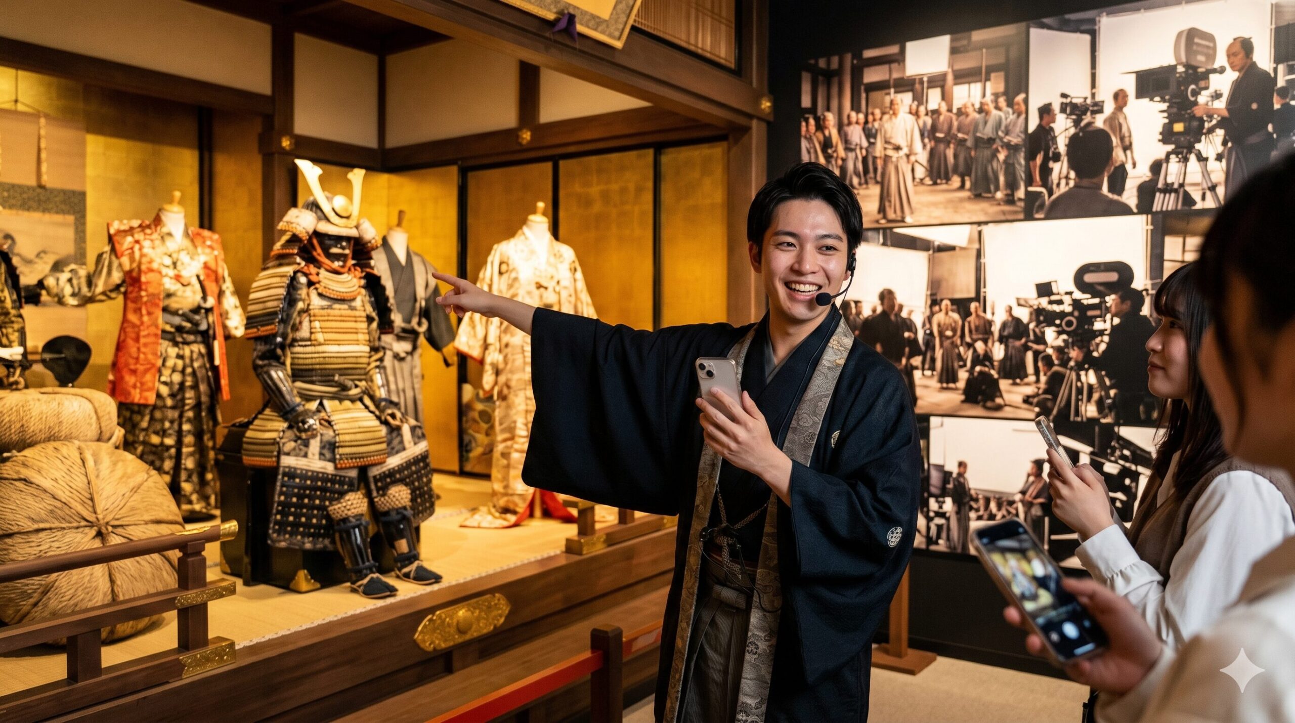 東映太秦映画村の特別展示「太秦時代劇100年」で、スマートフォン片手に展示をナビゲートする、なにわ男子の長尾謙杜さんをイメージした日本人男性。