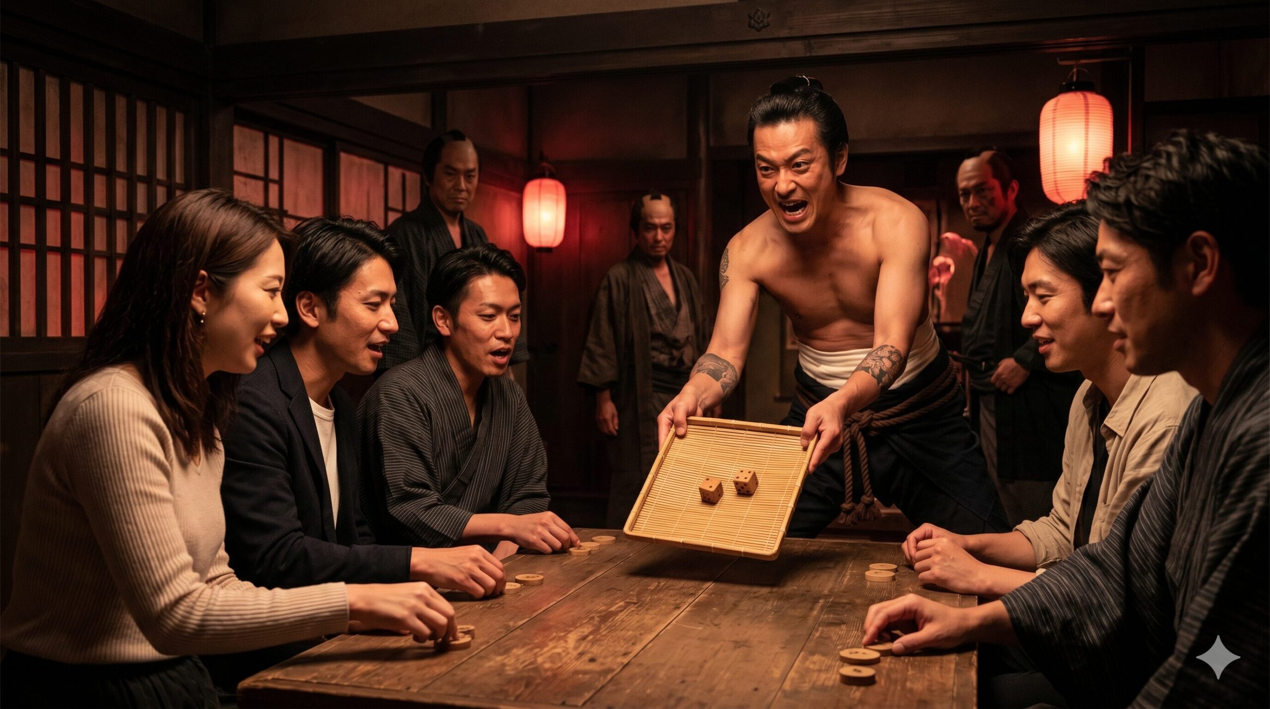 東映太秦映画村の大人のナイトタイム営業で、本格的な丁半博打体験に没入する日本人観光客。