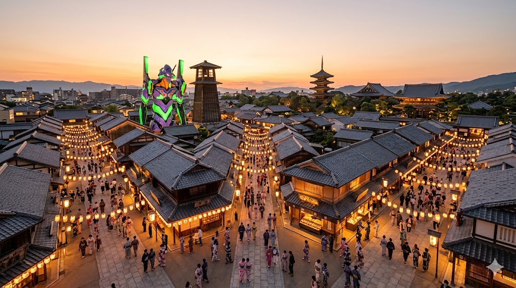 夕暮れ時にライトアップされた東映太秦映画村の全景。江戸の町並みと巨大なエヴァンゲリオン初号機が共存する風景。