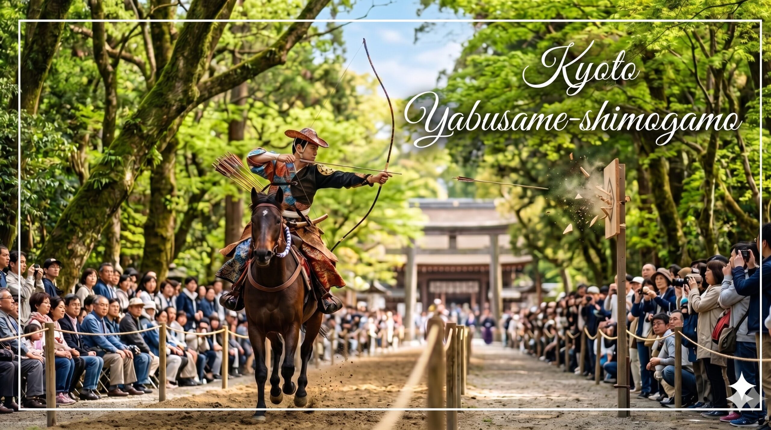 京都・下鴨神社の流鏑馬神事。疾走する馬上の射手が放った矢が的に命中し、板が砕け散る迫力満点のメインビジュアル。