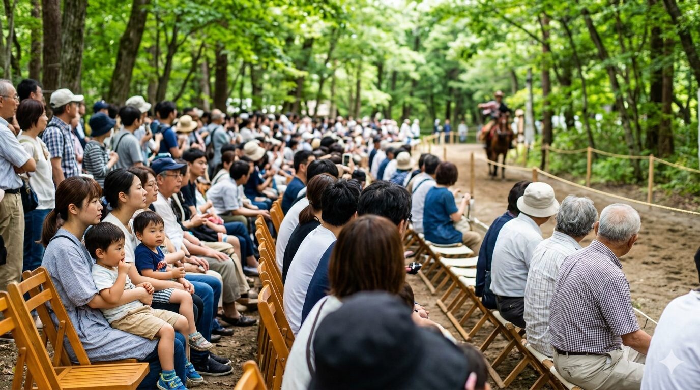 京都の流鏑馬神事で、有料観覧席から迫力ある儀式を鑑賞する日本人の家族や観光客の様子