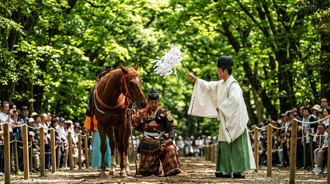 京都の流鏑馬神事で、出走前に神職からお祓いを受ける射手と馬。糺の森の厳かな空気の中で行われる、神聖な儀式の風景。