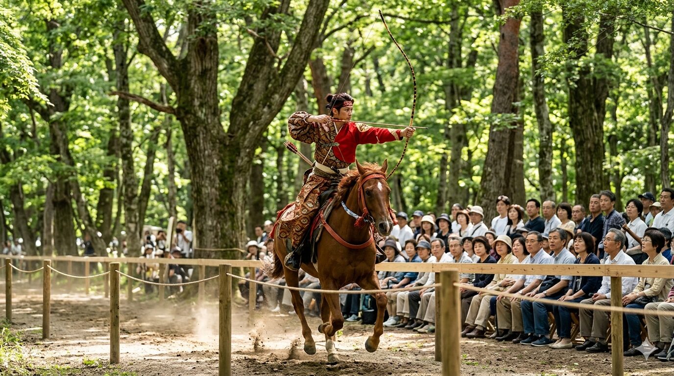 新緑の糺の森で、平安時代の華やかな公家装束を身にまとい、疾走する馬上から弓を構える日本人の射手
