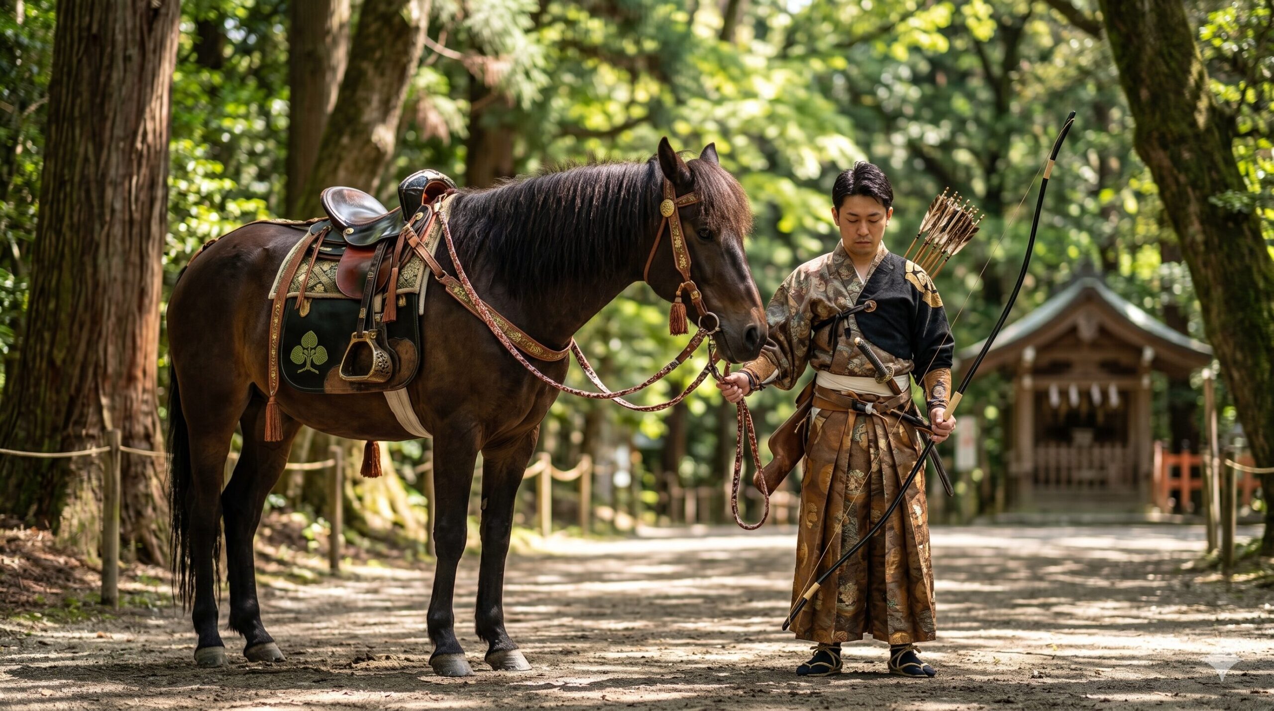 日本伝統の和弓と装飾された馬具を身につけた馬の横顔、および精神統一をする日本人の射手
