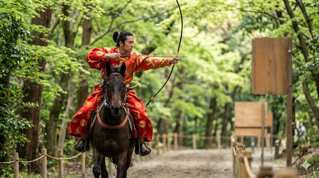 新緑の糺の森で、平安時代の華やかな公家装束を身にまとい、疾走する馬上から弓を構える日本人の射手の姿。