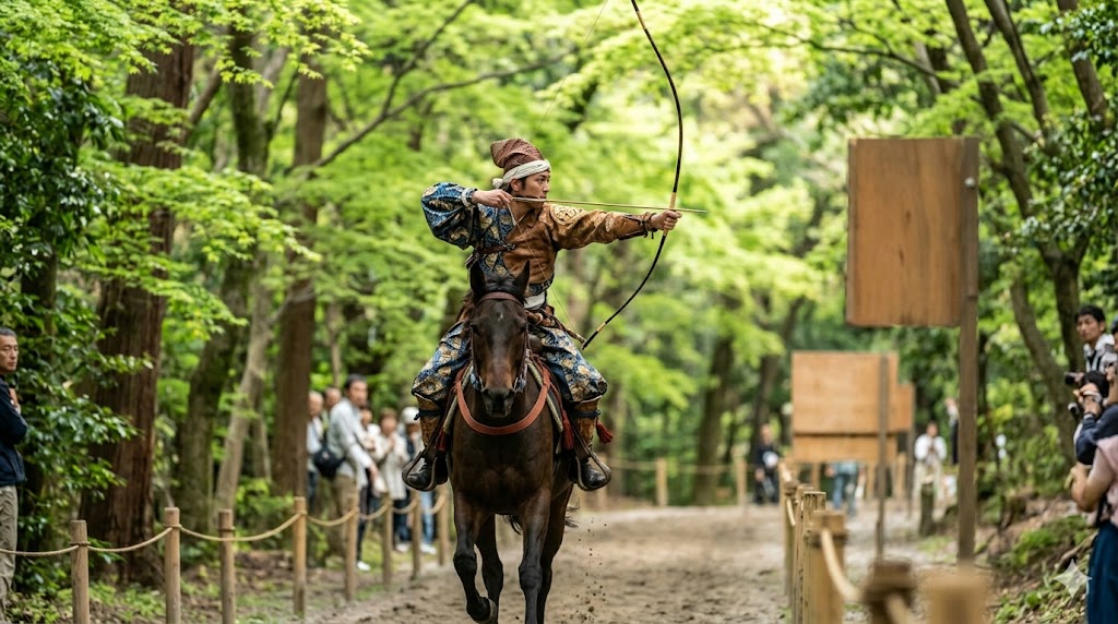 下鴨神社の糺の森にて、伝統的な武家装束を着用し、馬を操りながら的を狙う日本人の男性射手の躍動感あふれる様子。
