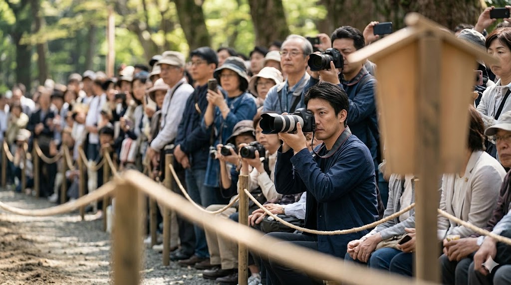 流鏑馬の的の正面付近で、カメラを構えて的中の一瞬を狙う日本人の観客。神事の緊張感が伝わる撮影スポット。