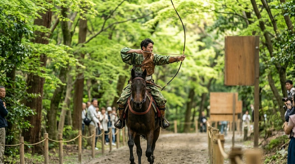 疾走する馬の上で矢を放ち、的を射抜こうとする日本人の射手。伝統的な弓術と馬術の高度な技術。