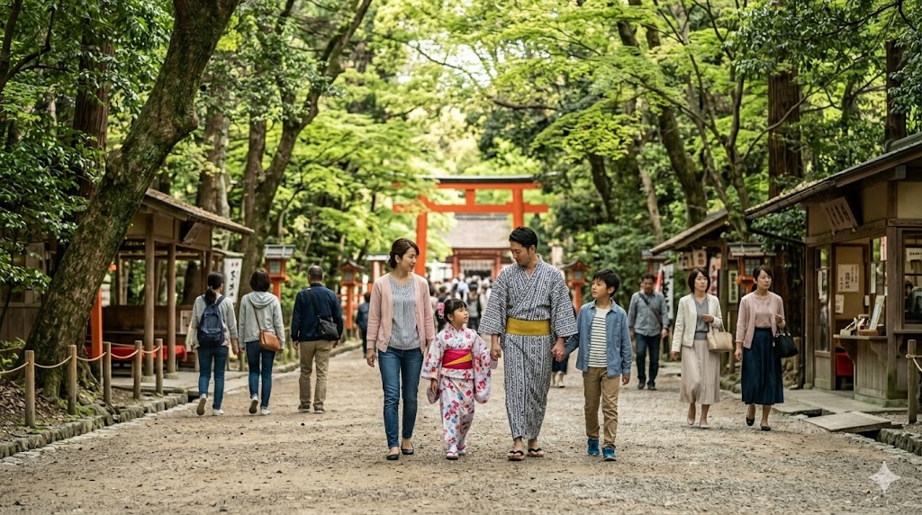 下鴨神社の参道や糺の森周辺を、着物姿で家族と一緒に散策する日本人の親子。京都らしい情緒ある休日。
