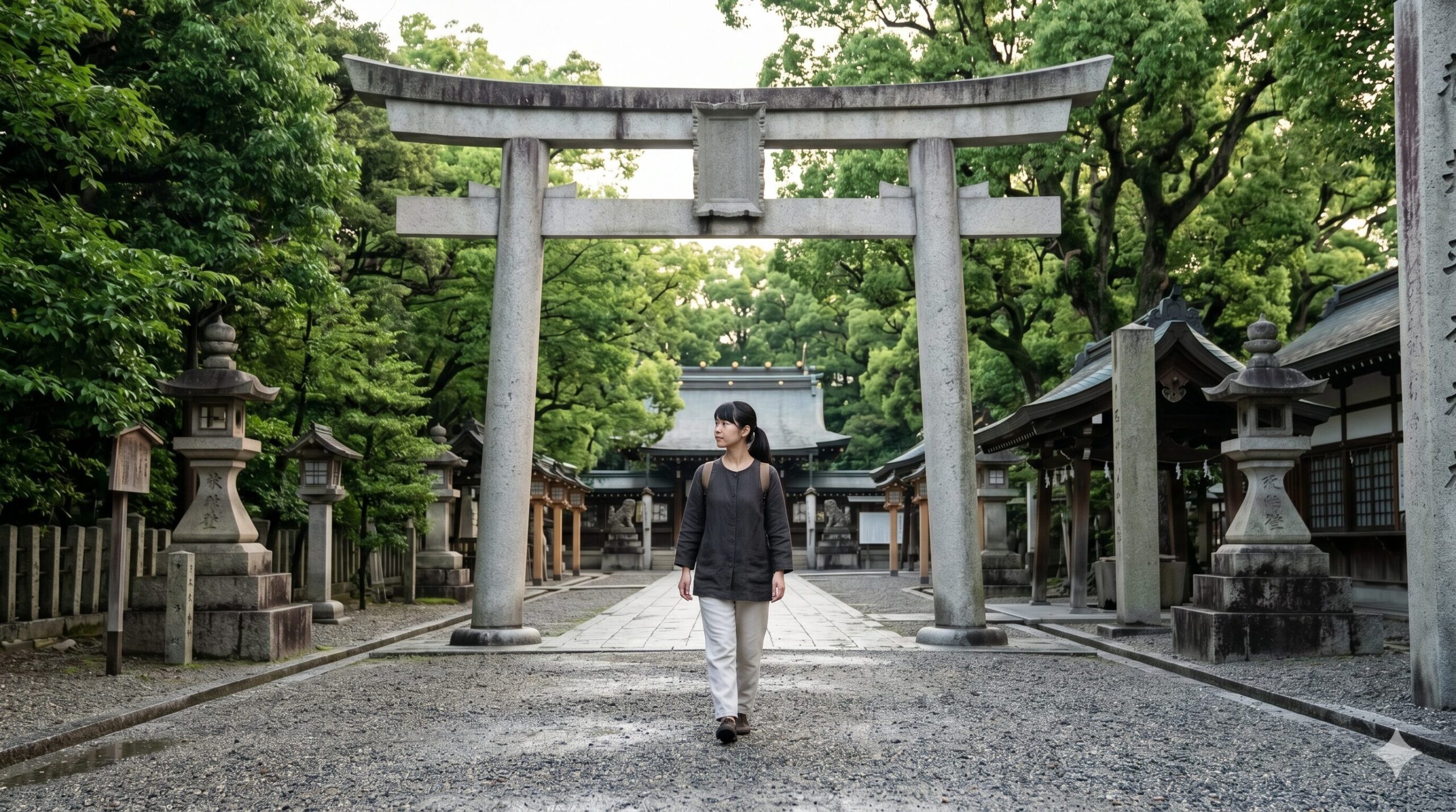京都の安井金比羅宮の石鳥居と参道を、早朝の静けさの中で歩く日本人の若い女性。E-E-A-T向上のための、厳かで慈悲深い雰囲力を伝える画像。