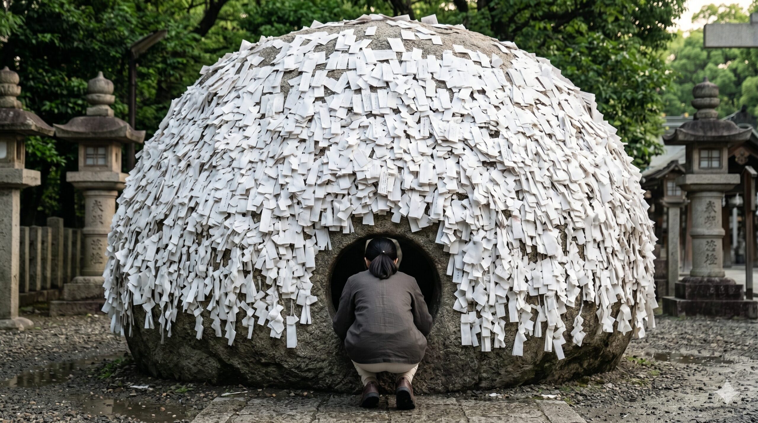 京都の安井金比羅宮にある、無数の形代（かたしろ）に覆われた巨大な「縁切り縁結び碑（いし）」。早朝の静寂の中、日本人の参拝客が碑の穴をくぐり、悪縁を断ち切る儀式を行っている。