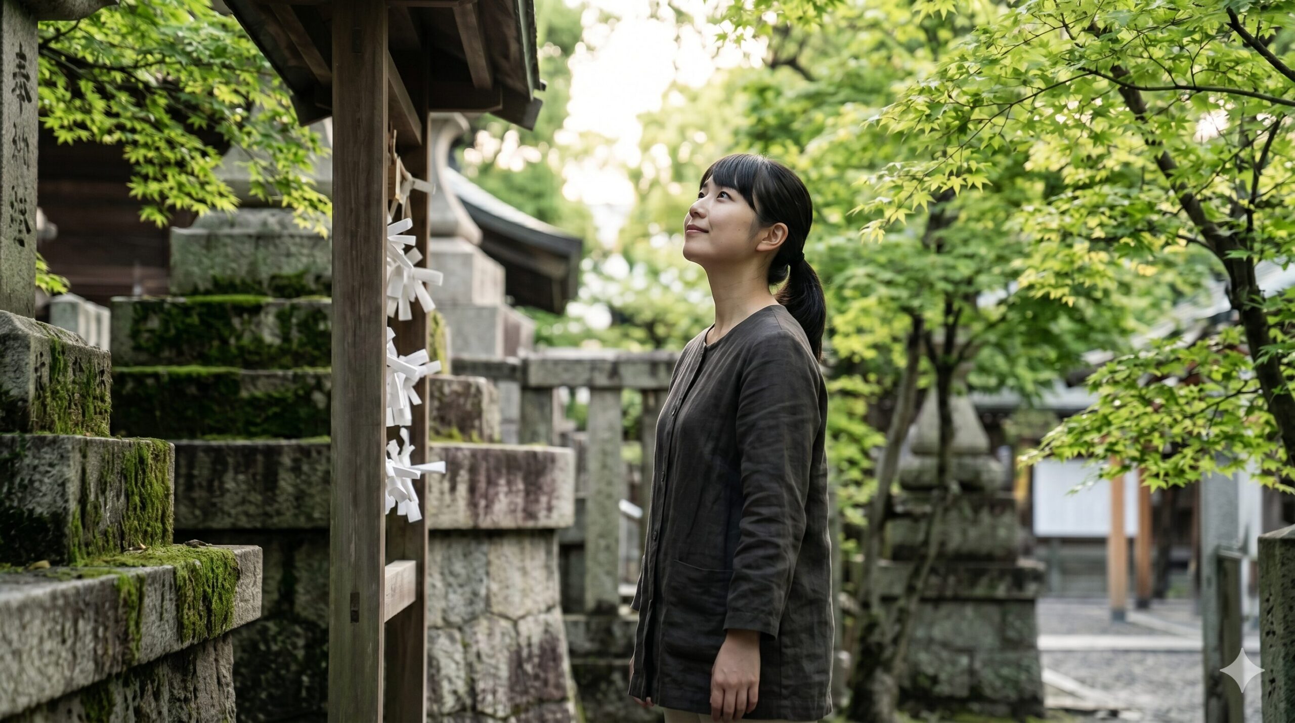 安井金比羅宮での参拝を終え、スッキリとした表情で木漏れ日を見上げる日本人の若い女性。心身ともに浄化され、前向きな再出発を感じさせる様子。