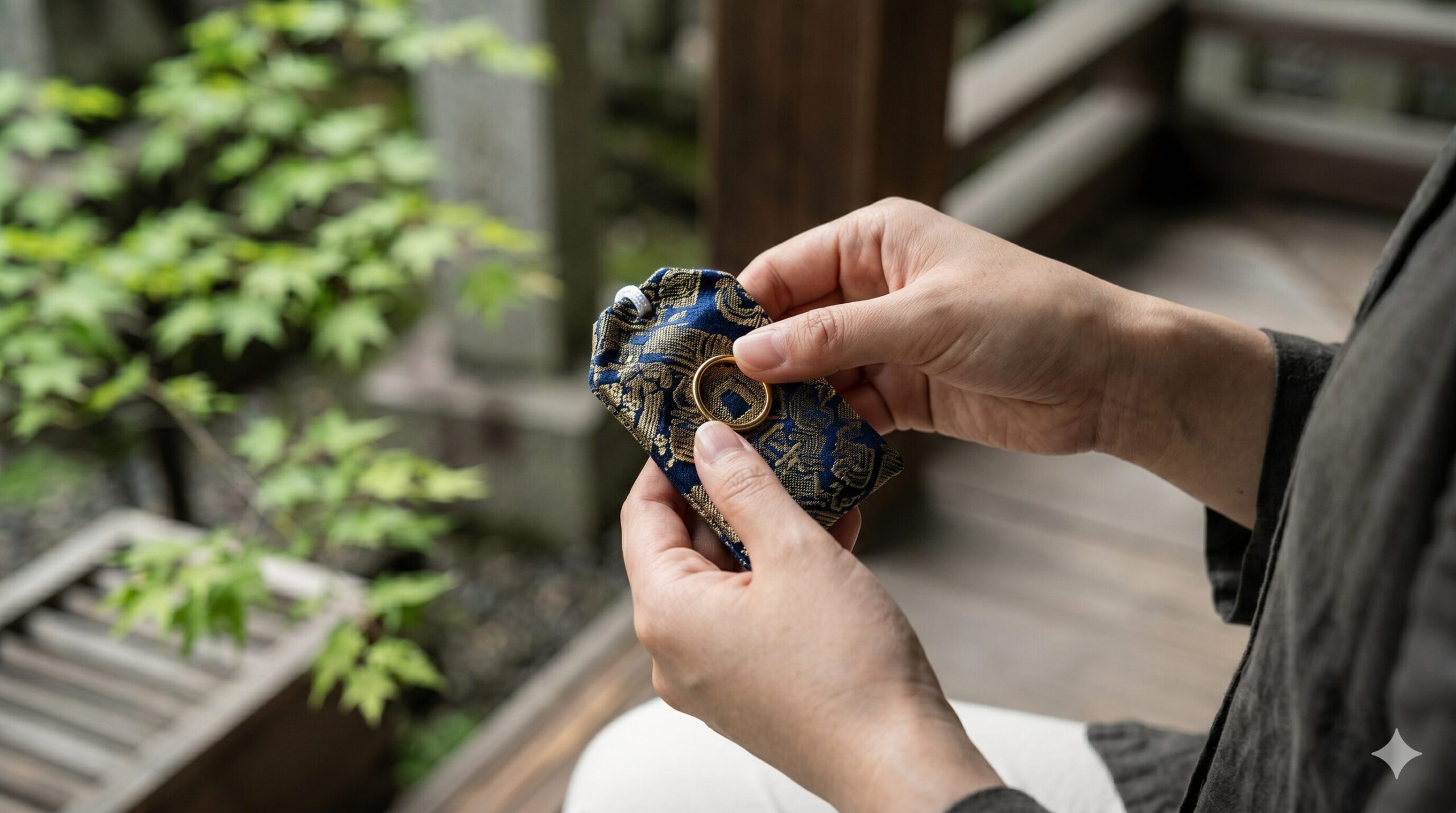 安井金比羅宮の「心機一転守」を手に持ち、布越しに中の「金の輪」に触れる日本人の女性の手。碑をくぐった時の感覚を呼び覚まし、現状を打破する決意を可視化したイメージ。