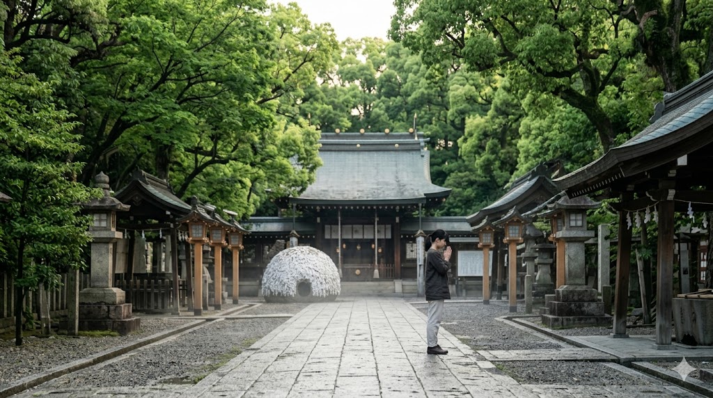 京都の安井金比羅宮の早朝6時台の境内。観光客が誰もいない静寂の中で、日本人の参拝客が一人、本殿に向かって手を合わせている。混雑を避けた、清々しいパワーを浴びられる時間帯を可視化した画像。