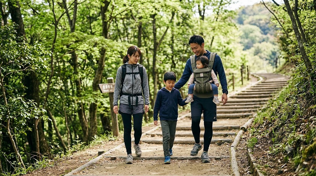 京都・嵐山の木々に囲まれた山道を、リュックを背負い抱っこ紐を使って登る日本人家族。 モンキーパーク山頂へのハイキングの様子。