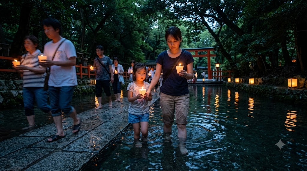 夕暮れの下鴨神社御手洗池で、ろうそくを手に真剣な表情で足つけ神事に参加する日本人参拝客。