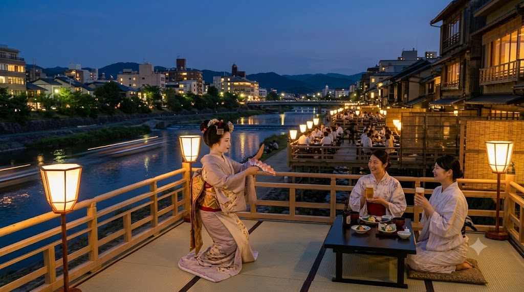 夜の京都・鴨川納涼床（ゆか）で、美しくライトアップされた東山の夜景をバックに、浴衣姿のアジア人女性たちが舞妓による伝統的な踊りとお酒・京料理ディナーを楽しむ華やかな光景。