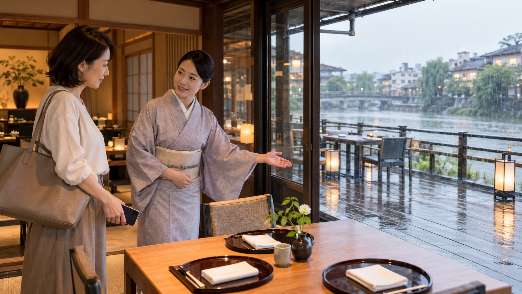 雨の鴨川納涼床と店内席への変更を案内する京都の飲食店