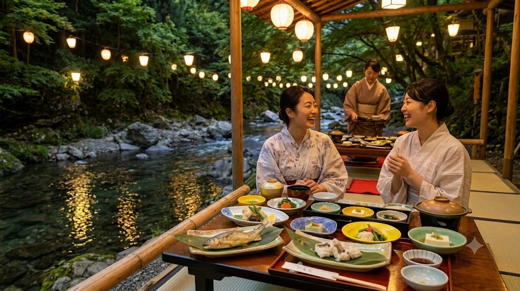 夜の帳が下りた山の川床で、温かい提灯の光に照らされながら川魚や京会席料理のディナーを堪能し、笑顔で談笑する浴衣姿のアジア人女性二人の夕食風景。