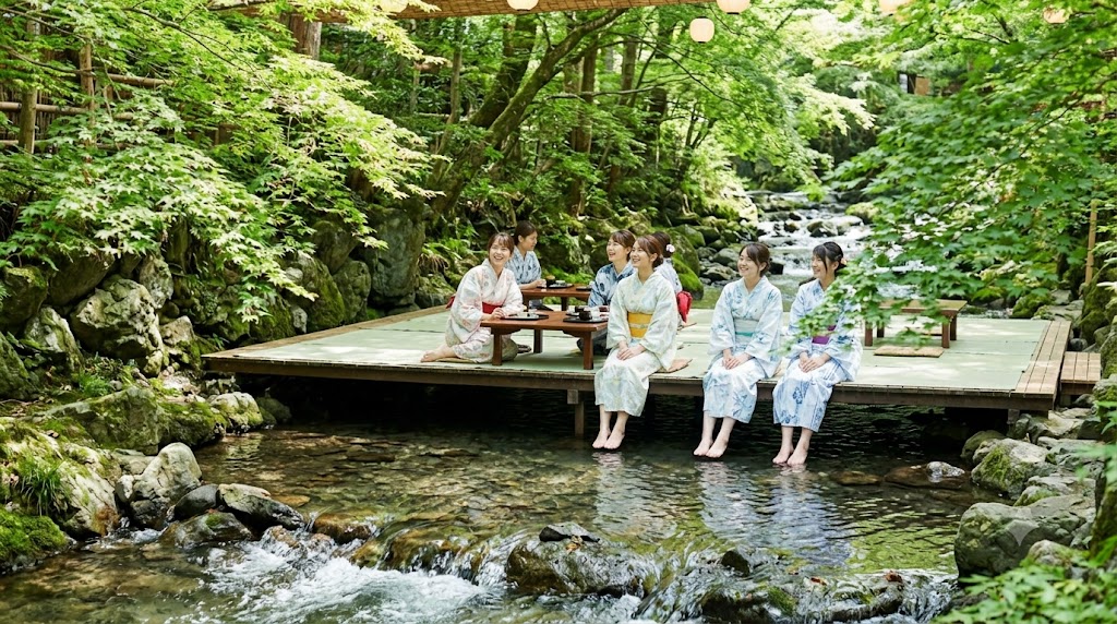 京都の奥座敷、貴船の深い緑に囲まれた川床。清流の真上に作られた木製の座席で、アジア人女性たちが浴衣姿で足を水につけ、涼んでいる風景。