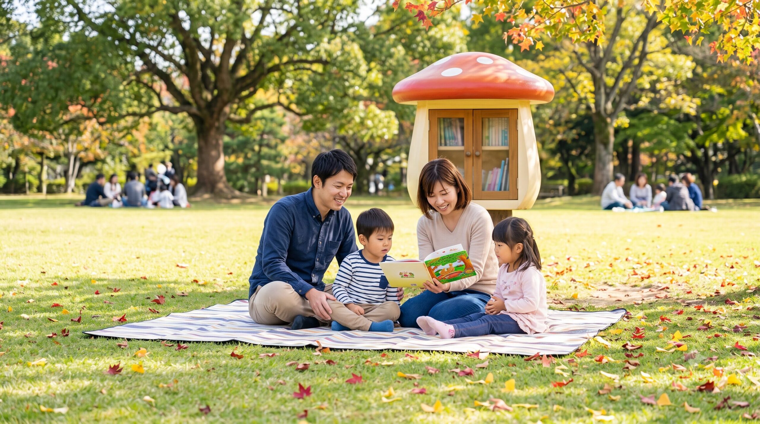 秋の京都府立植物園。広々とした芝生広場で、日本人の家族（両親と子ども2人）がピクニックシートに座り、すぐ後ろにある赤いきのこ形の屋外本棚「きのこ文庫」から借りた絵本を読んでいる。周囲の木々は色づき始めている。