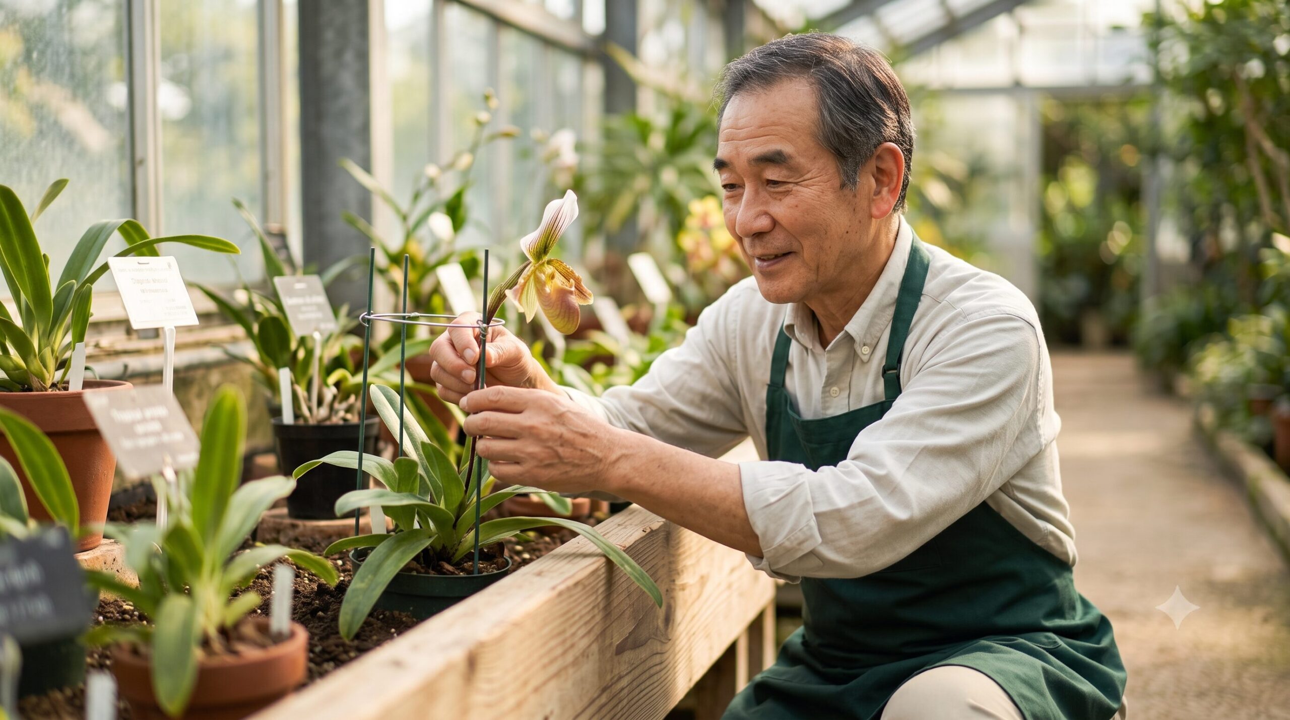 観覧温室内で熱帯植物の手入れをする、経験豊富そうな日本人の植物園職員のクローズアップ。専門的な知識に基づいて作業している様子。