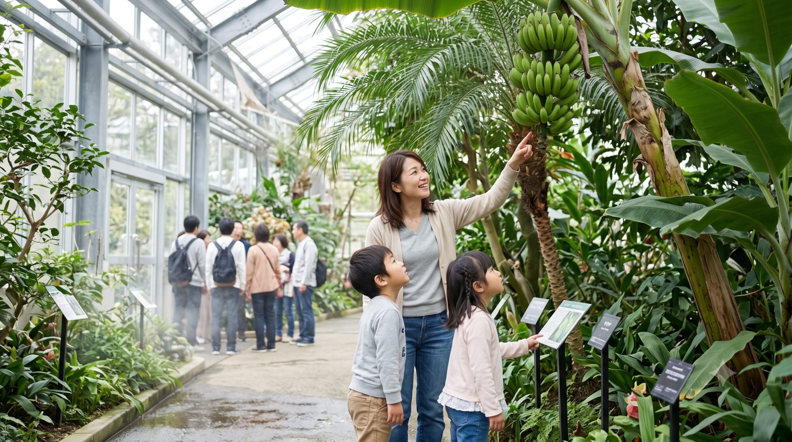 京都府立植物園の広大な観覧温室の内部。ジャングルのような熱帯植物が生い茂る中、日本人の親子（母親と子ども2人）が珍しい植物（バナナなど）を興味深そうに観察している。