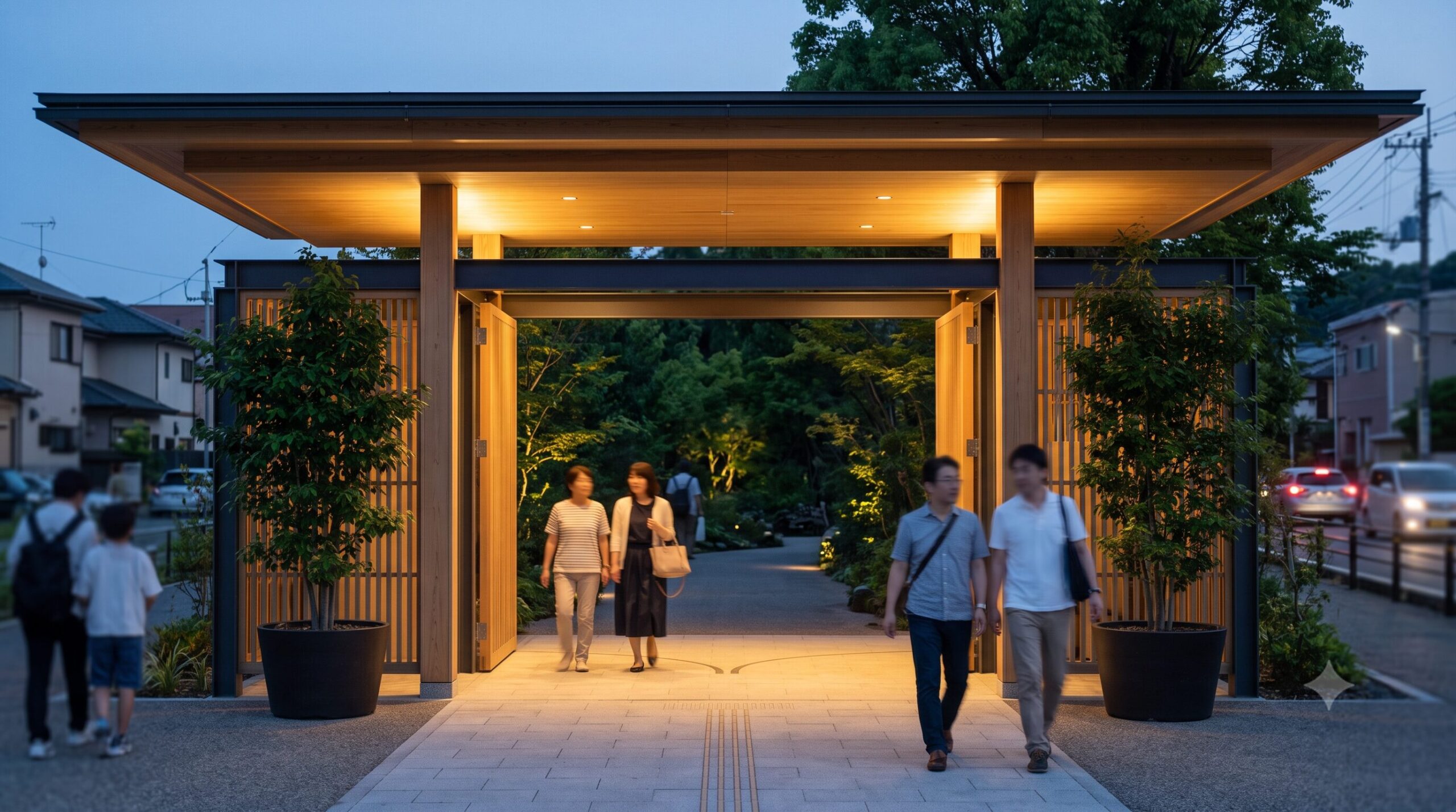 地下鉄北山駅からすぐの場所にある、京都府立植物園の北山門（入口）の様子。洗練された現代的なデザインのゲートで、アジア人の来園者が行き交っている。