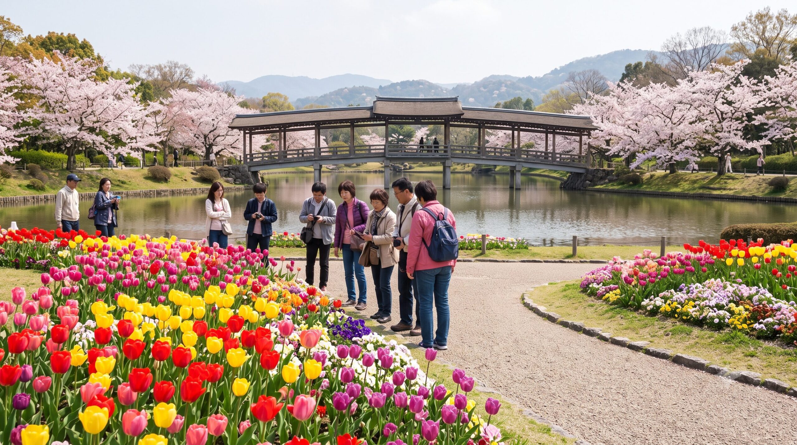 京都府立植物園の春の風景。満開のチューリップ畑と桜並木、奥には池と橋が見え、アジア人の観光客が散策を楽しんでいる。
