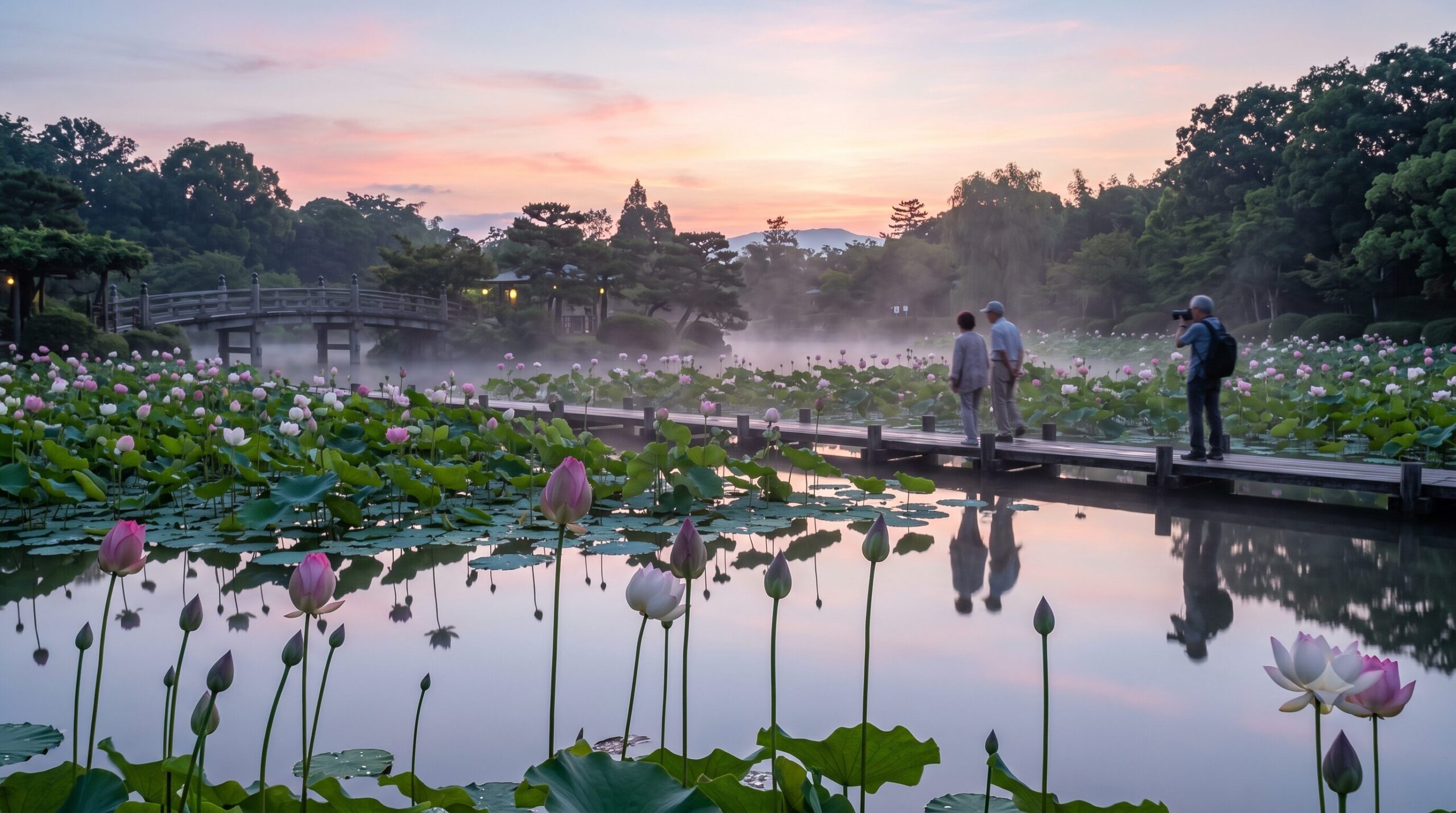 京都府立植物園の夏の早朝、朝霧が立ち込めるはす池。ピンクや白の花を咲かせた無数の蓮が立ち並び、幻想的な風景の中、数人の日本人の観光客が静かに鑑賞している。