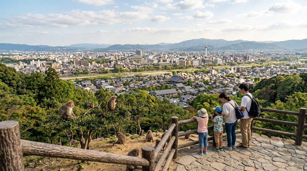 嵐山モンキーパークいわたやまの山頂展望台から、眼下に広がる京都市街のパノラマ絶景を眺める日本人観光客と、近くで静かに過ごす野生のニホンザルたち。