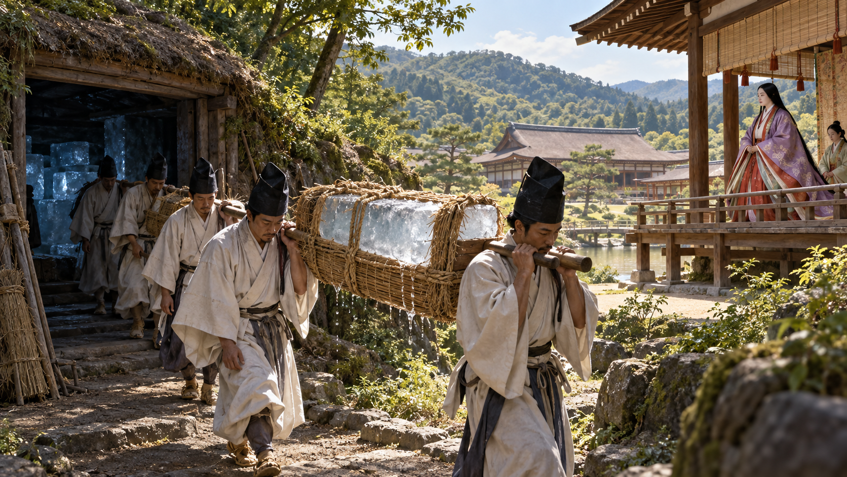 平安時代の京都で氷室から宮中へ天然氷を運ぶ人々