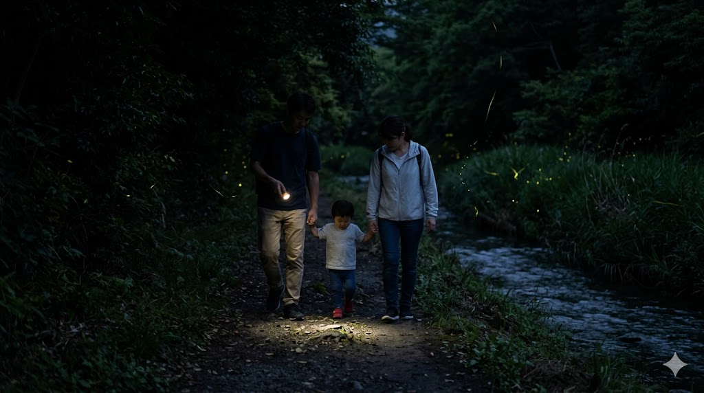 夜の川沿いを、足元に小さなライトを当てて安全に歩く日本人家族。マナーを守った蛍鑑賞。