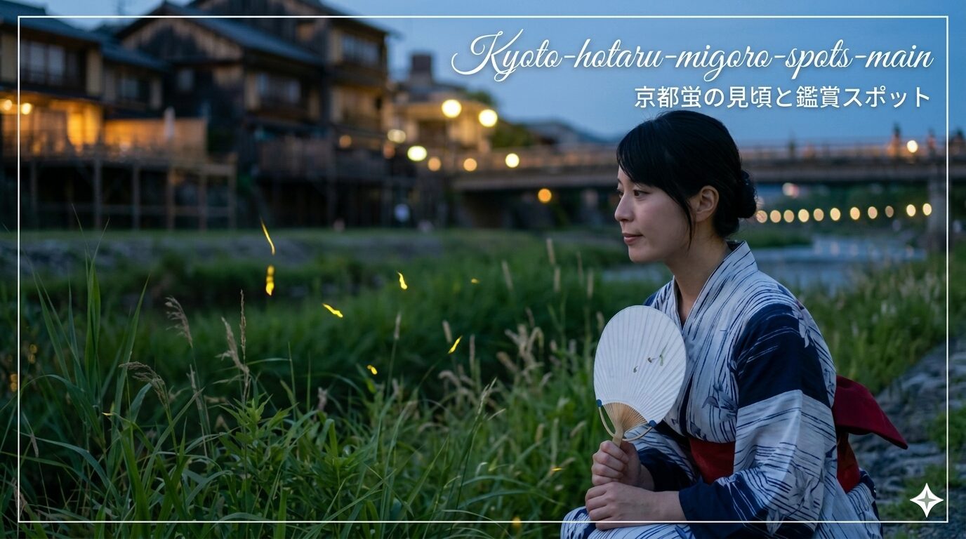 京都の静かな夜、浴衣姿の日本人女性が疎水沿いで舞う蛍の光を見つめるアイキャッチ画像。五感で楽しむ京都の初夏の風情。