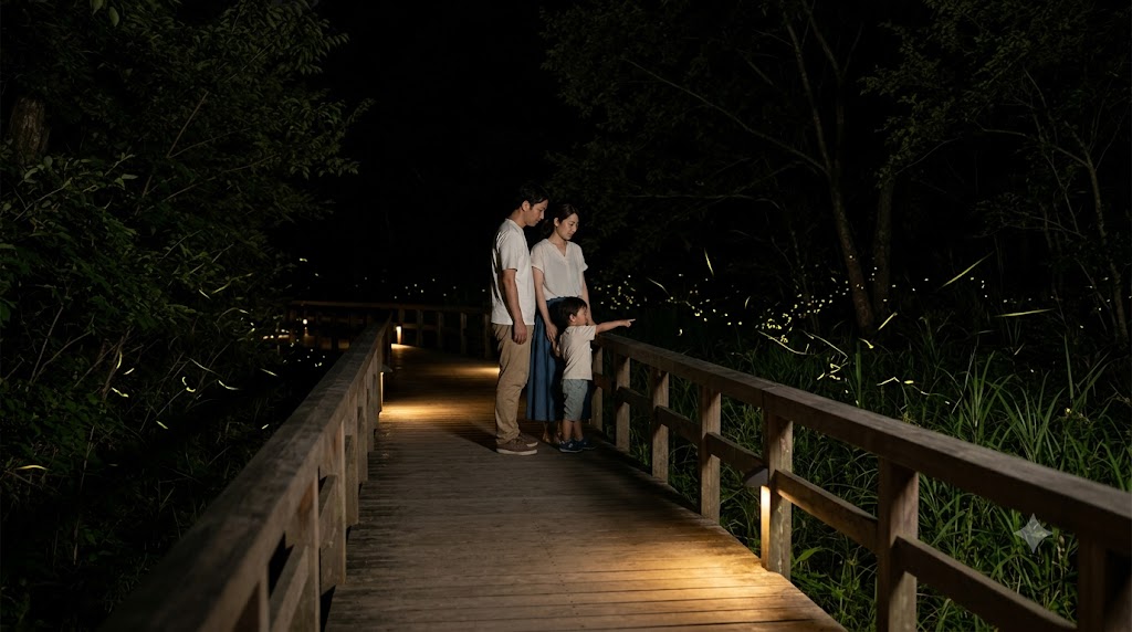 整備された親水公園の木道を、安全に歩きながら蛍を眺める日本人の親子。子連れでも歩きやすい環境での蛍鑑賞。